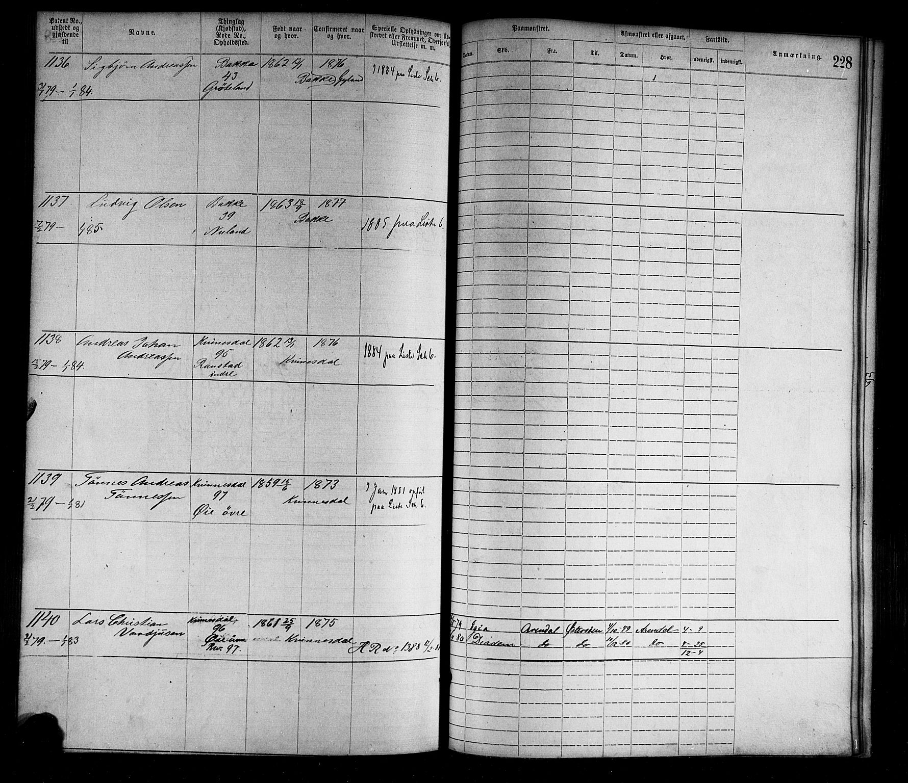 Flekkefjord mønstringskrets, AV/SAK-2031-0018/F/Fa/L0002: Annotasjonsrulle nr 1-1920 med register, N-2, 1870-1891, p. 254
