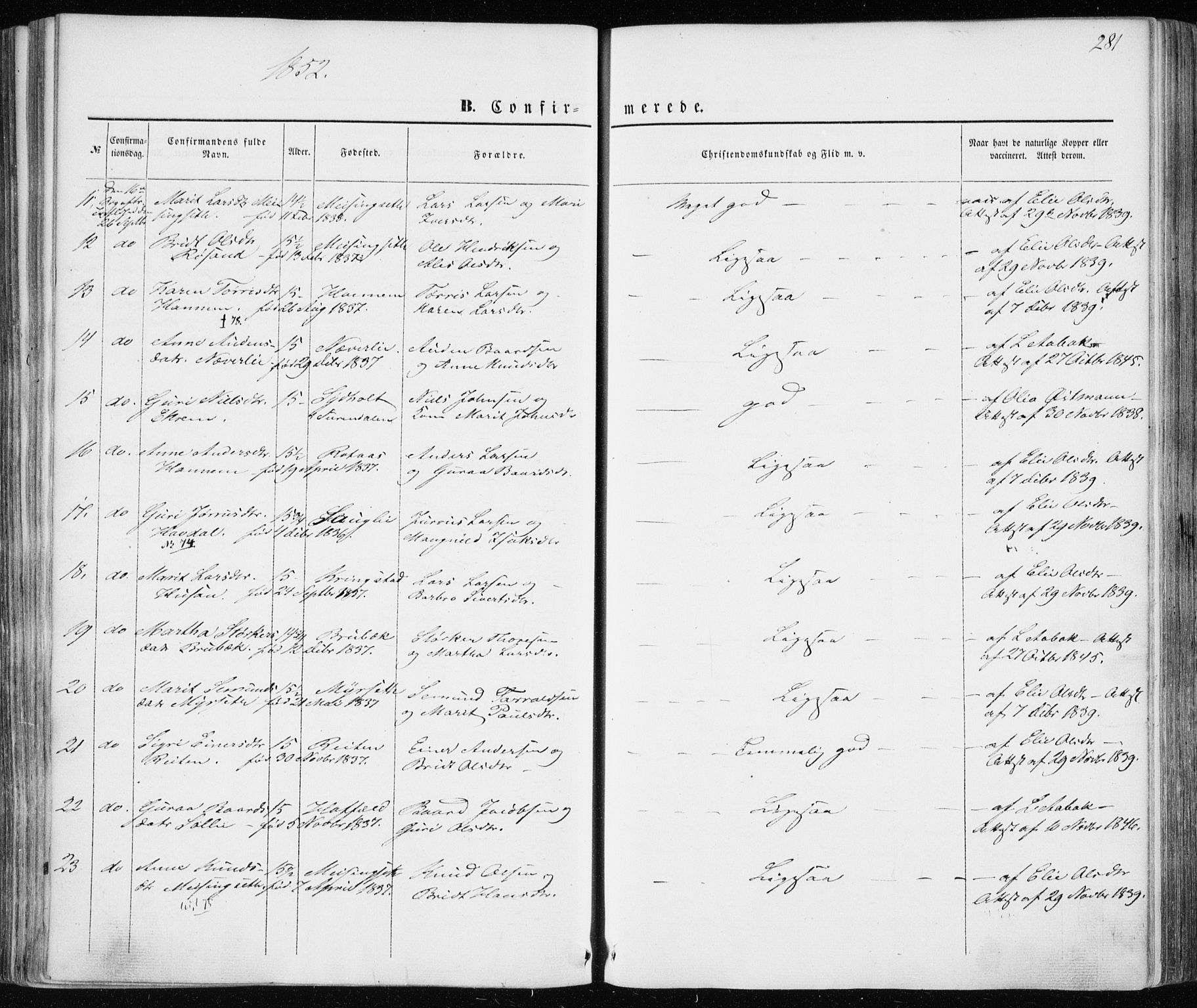 Ministerialprotokoller, klokkerbøker og fødselsregistre - Møre og Romsdal, AV/SAT-A-1454/586/L0984: Parish register (official) no. 586A10, 1844-1856, p. 281