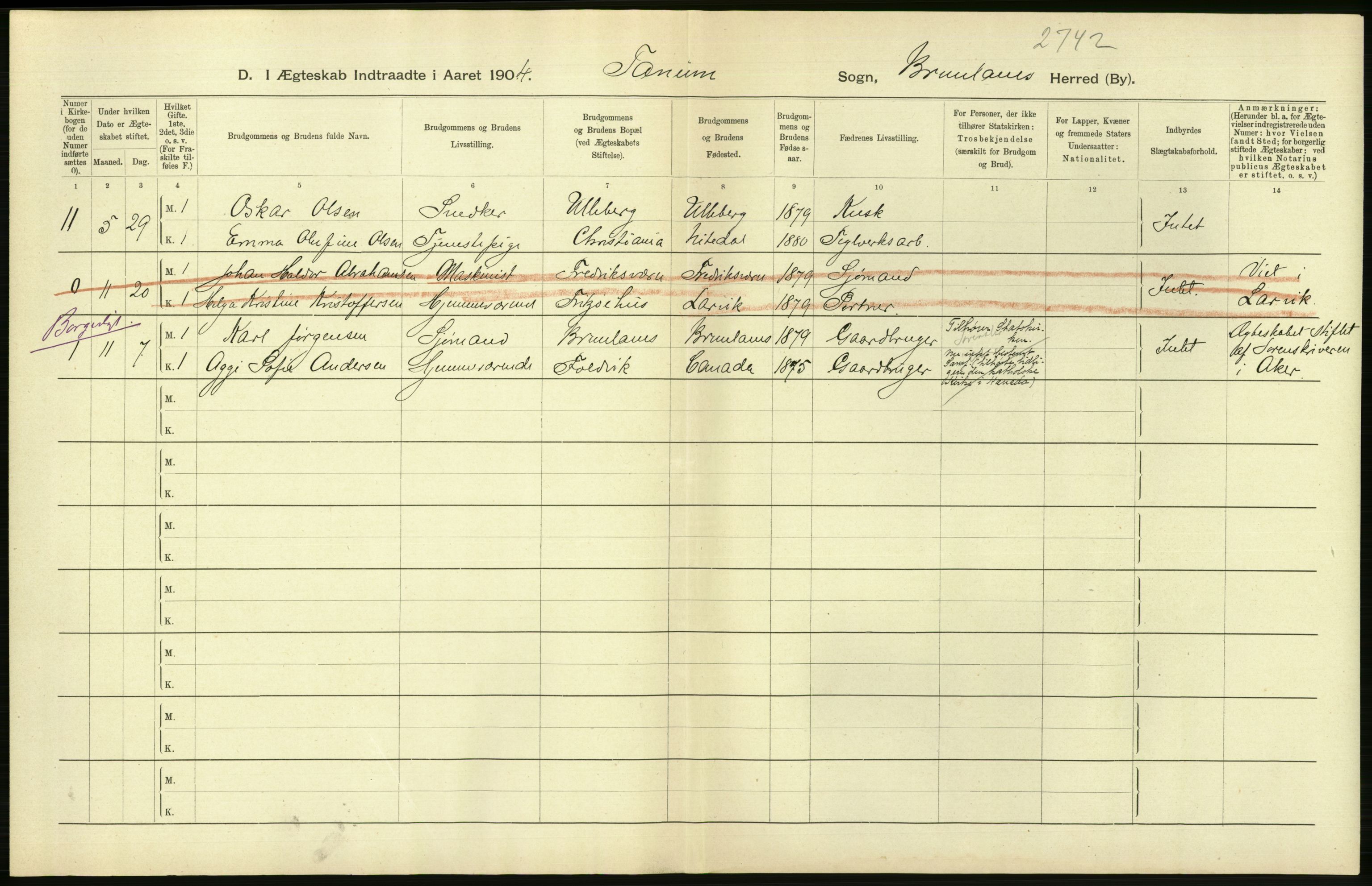 Statistisk sentralbyrå, Sosiodemografiske emner, Befolkning, AV/RA-S-2228/D/Df/Dfa/Dfab/L0008: Jarlsberg og Larvig amt: Fødte, gifte, døde, 1904, p. 396