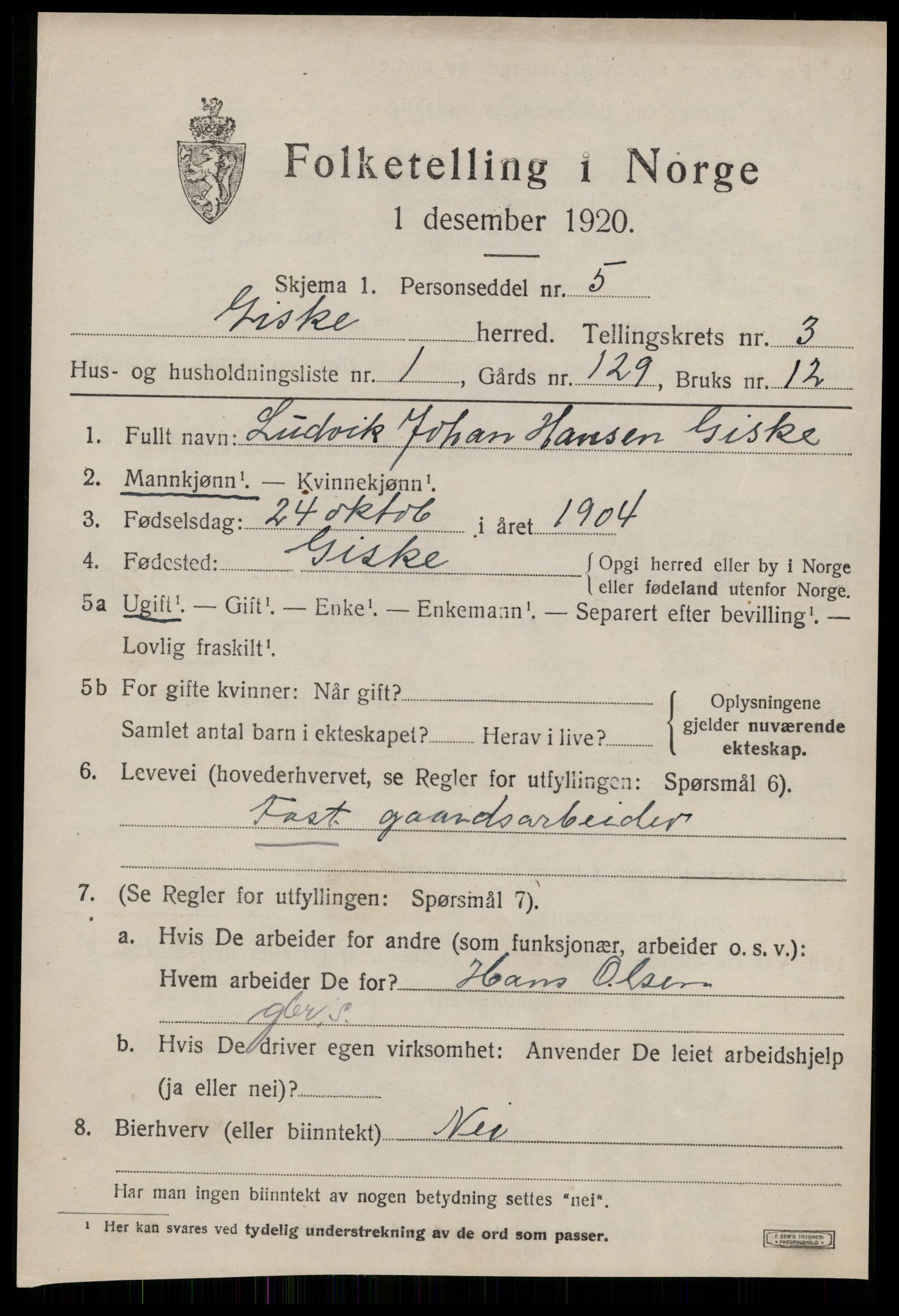 SAT, 1920 census for Giske, 1920, p. 1658