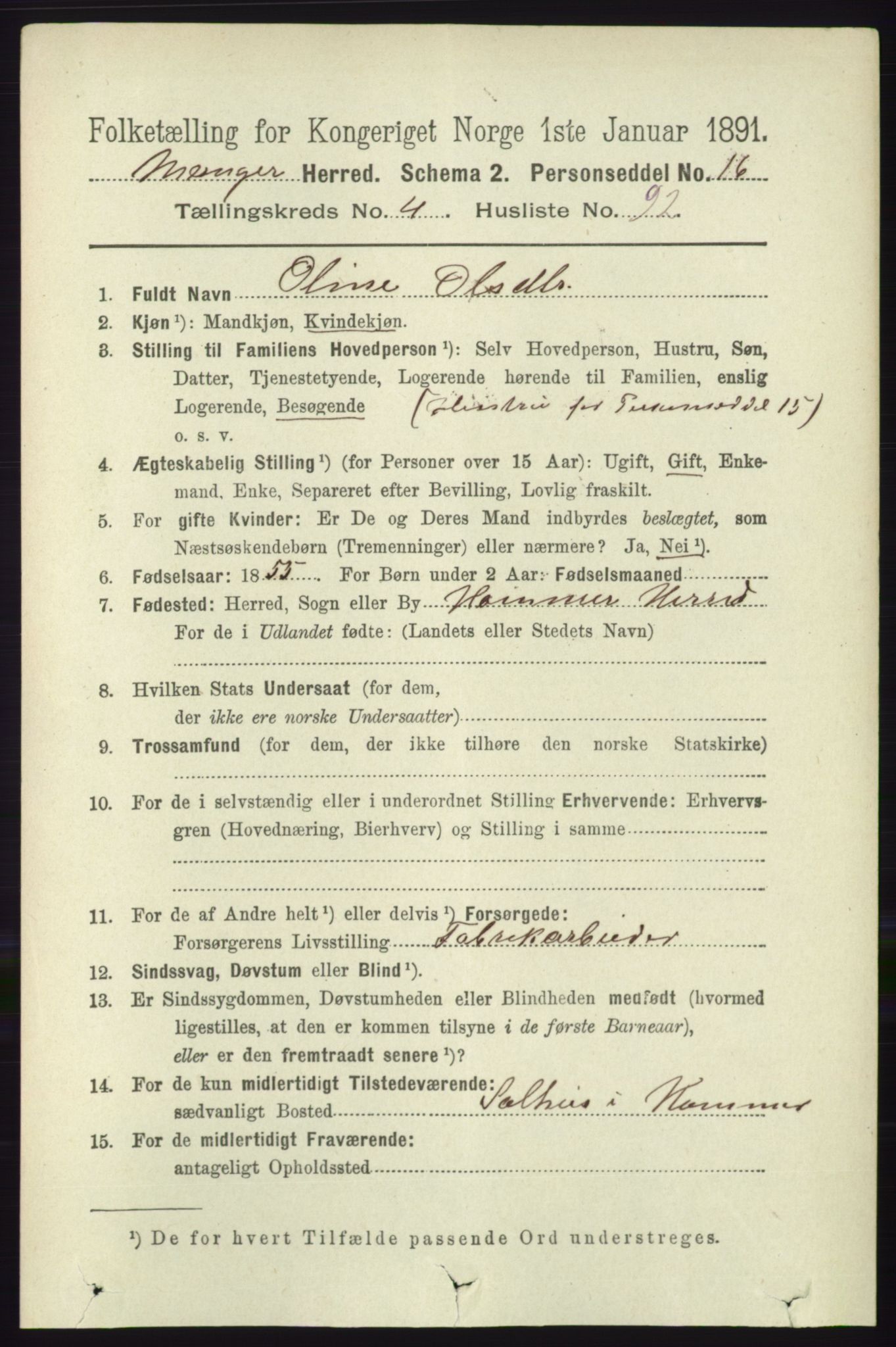 RA, 1891 census for 1261 Manger, 1891, p. 2537