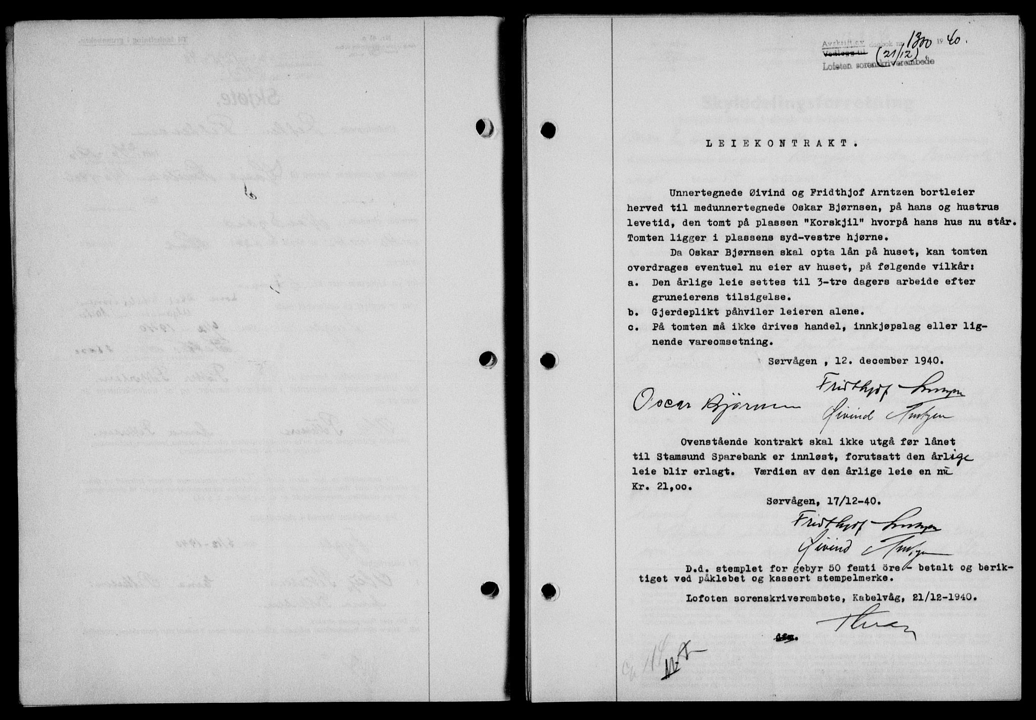 Lofoten sorenskriveri, SAT/A-0017/1/2/2C/L0008a: Mortgage book no. 8a, 1940-1941, Diary no: : 1300/1940