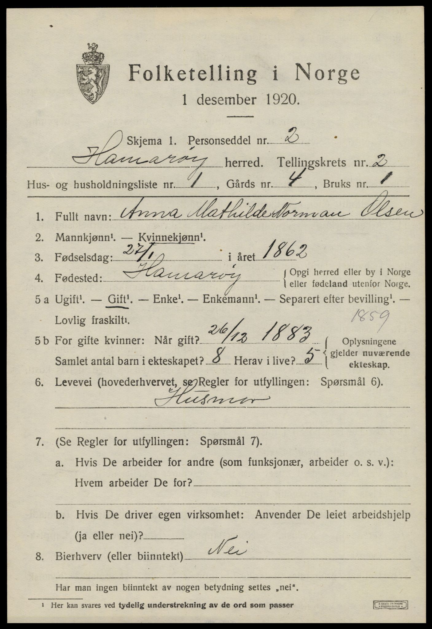 SAT, 1920 census for Hamarøy, 1920, p. 1430