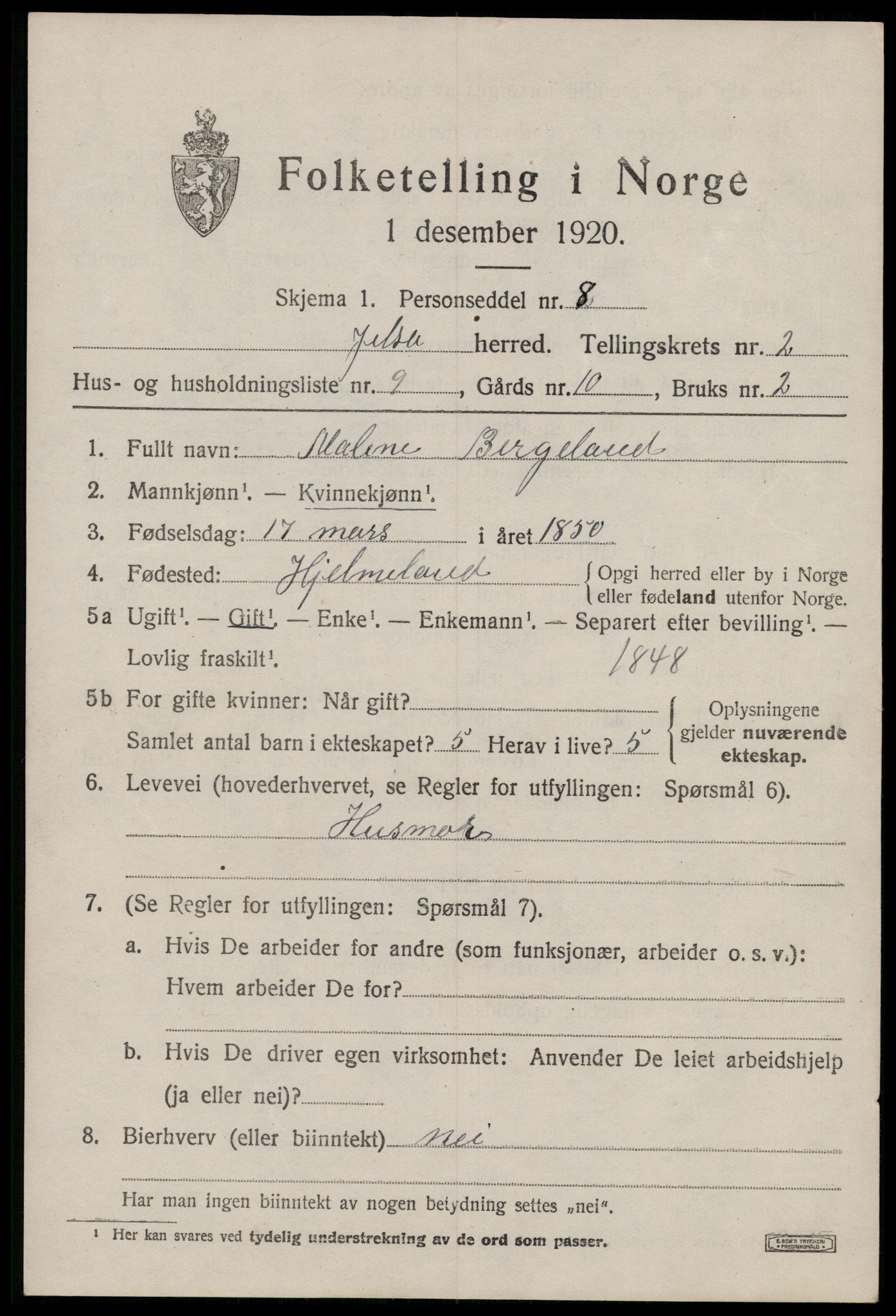 SAST, 1920 census for Jelsa, 1920, p. 938