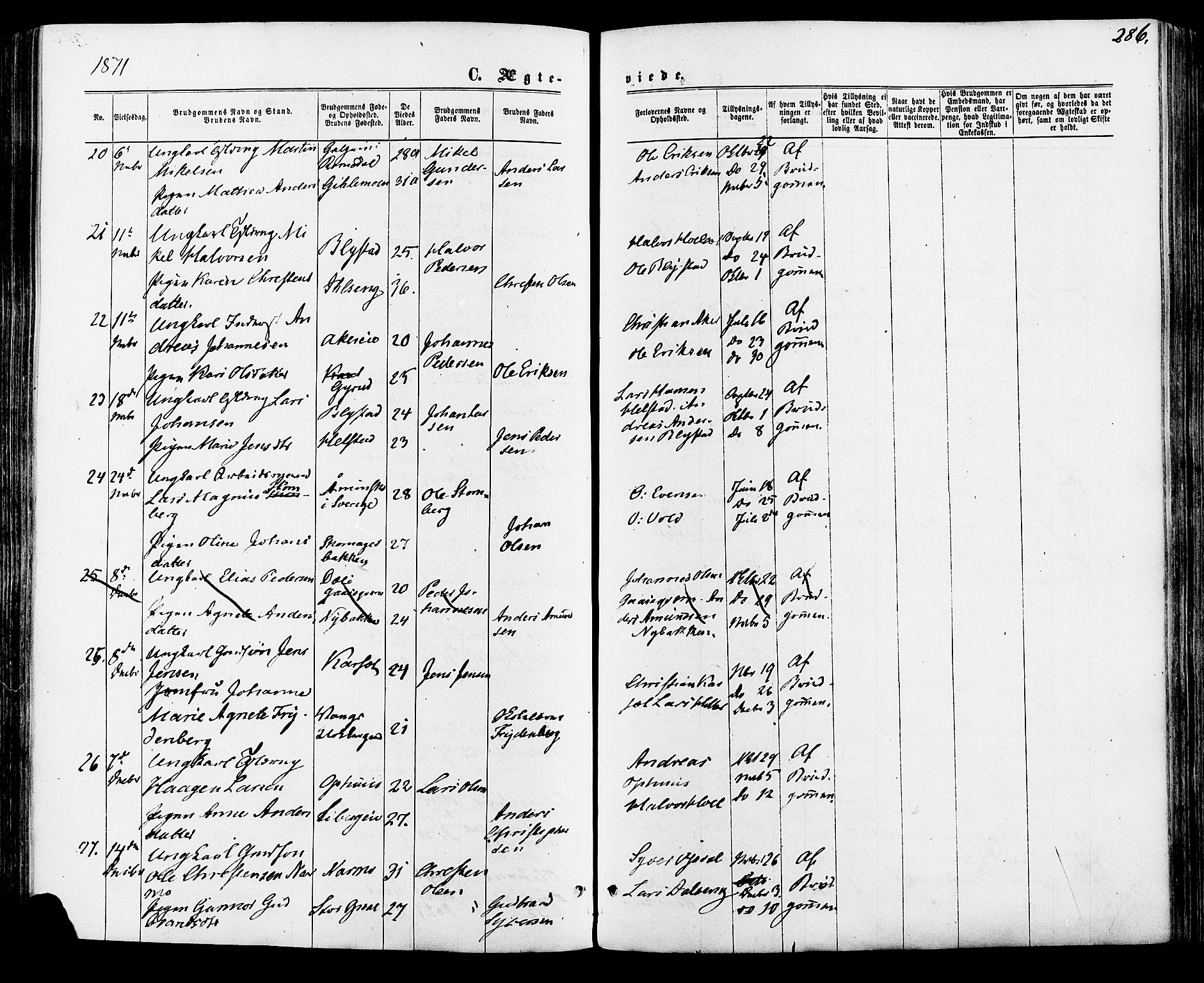 Vang prestekontor, Hedmark, SAH/PREST-008/H/Ha/Haa/L0015: Parish register (official) no. 15, 1871-1885, p. 286