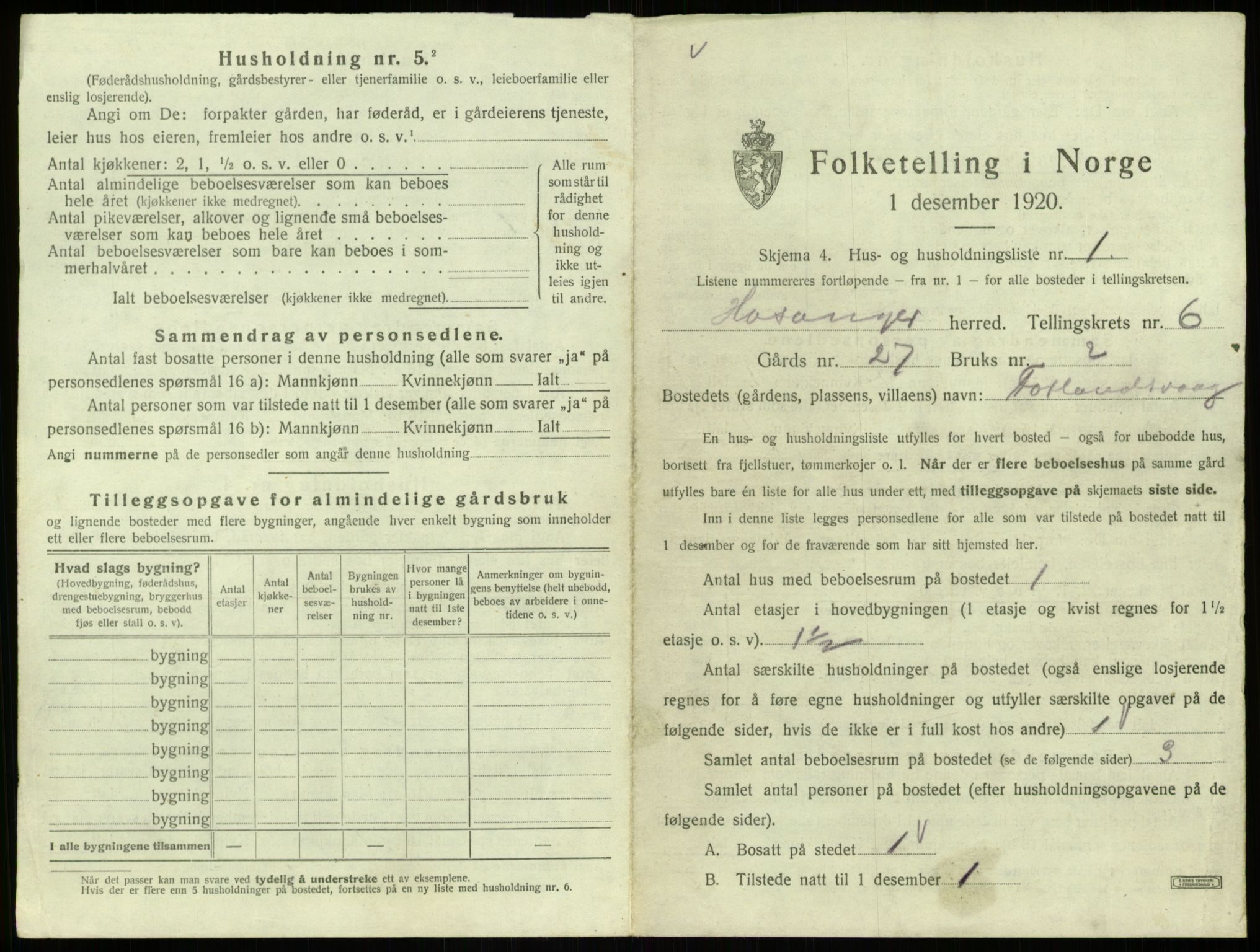 SAB, 1920 census for Hosanger, 1920, p. 316