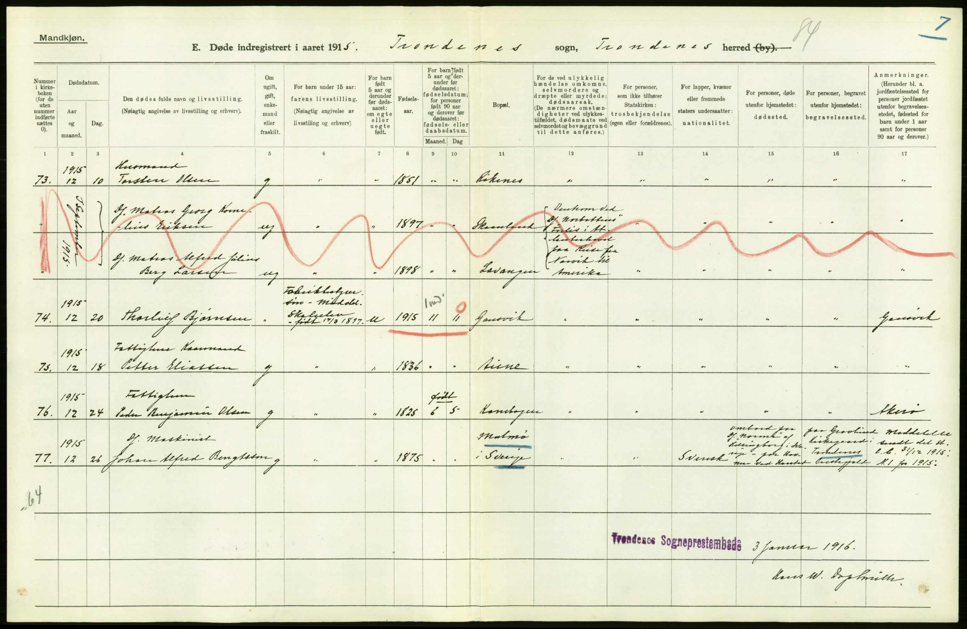 Statistisk sentralbyrå, Sosiodemografiske emner, Befolkning, RA/S-2228/D/Df/Dfb/Dfbe/L0052: Tromsø amt: Gifte, døde, dødfødte. Bygder og byer., 1915, p. 110