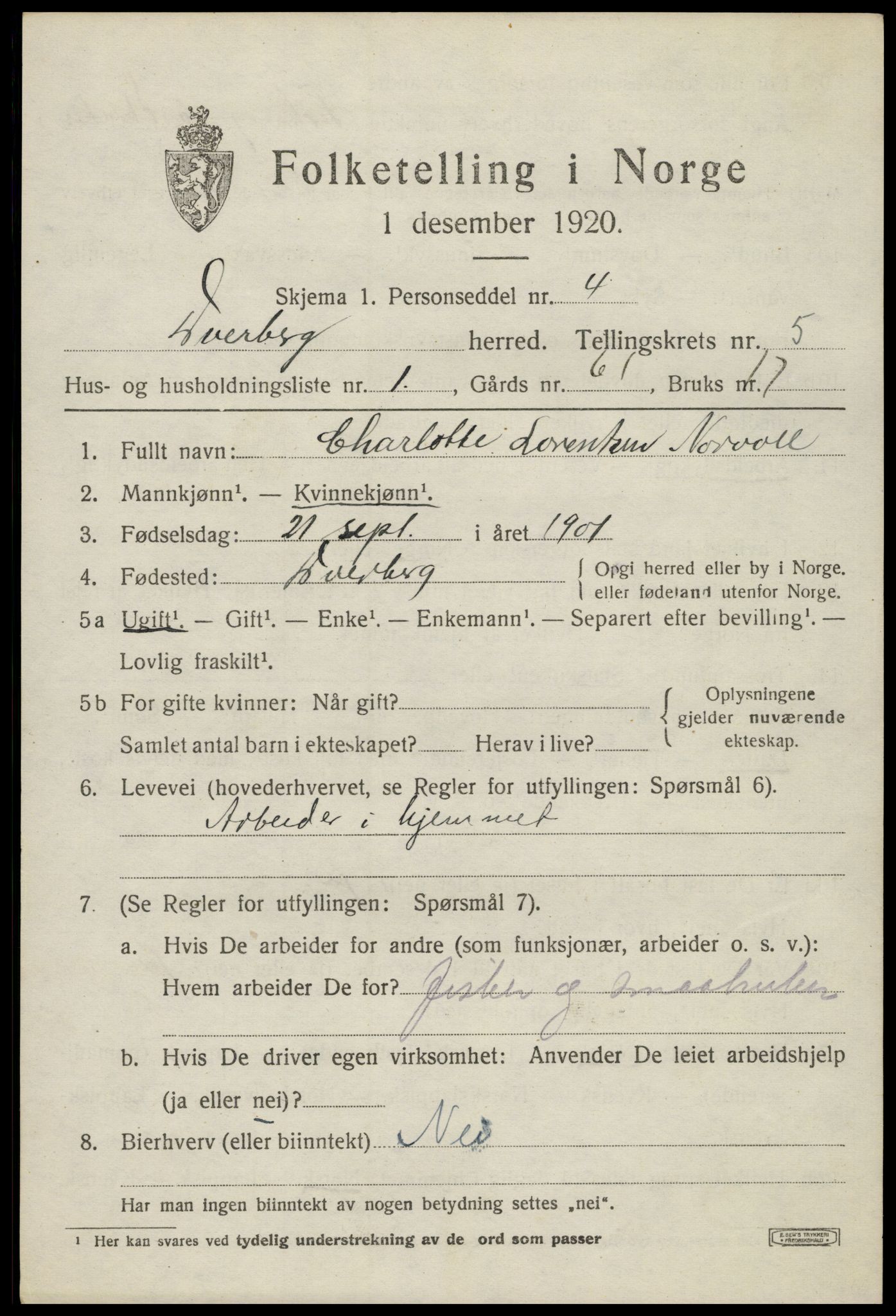 SAT, 1920 census for Dverberg, 1920, p. 5862