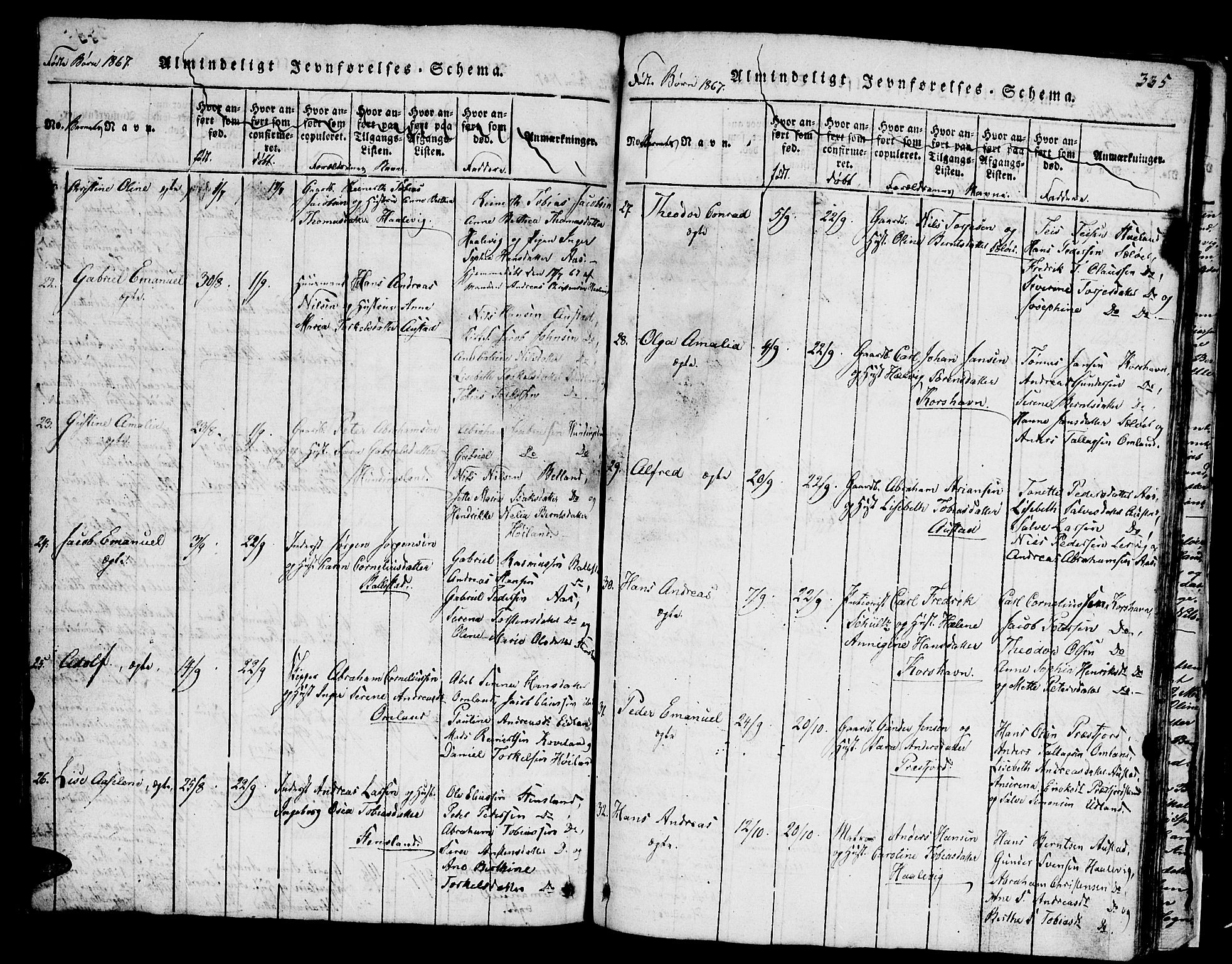 Lyngdal sokneprestkontor, SAK/1111-0029/F/Fb/Fba/L0001: Parish register (copy) no. B 1, 1816-1876, p. 335