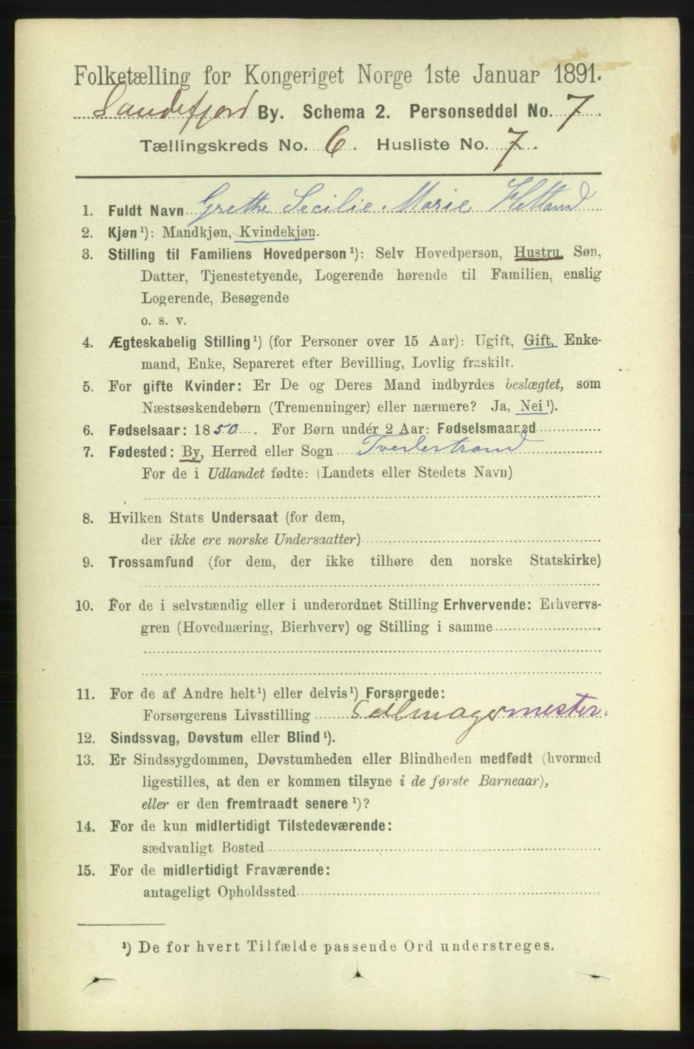 RA, 1891 census for 0706 Sandefjord, 1891, p. 2388