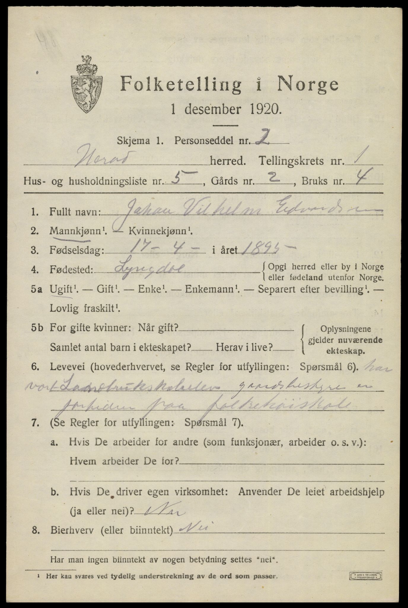 SAK, 1920 census for Herad, 1920, p. 480