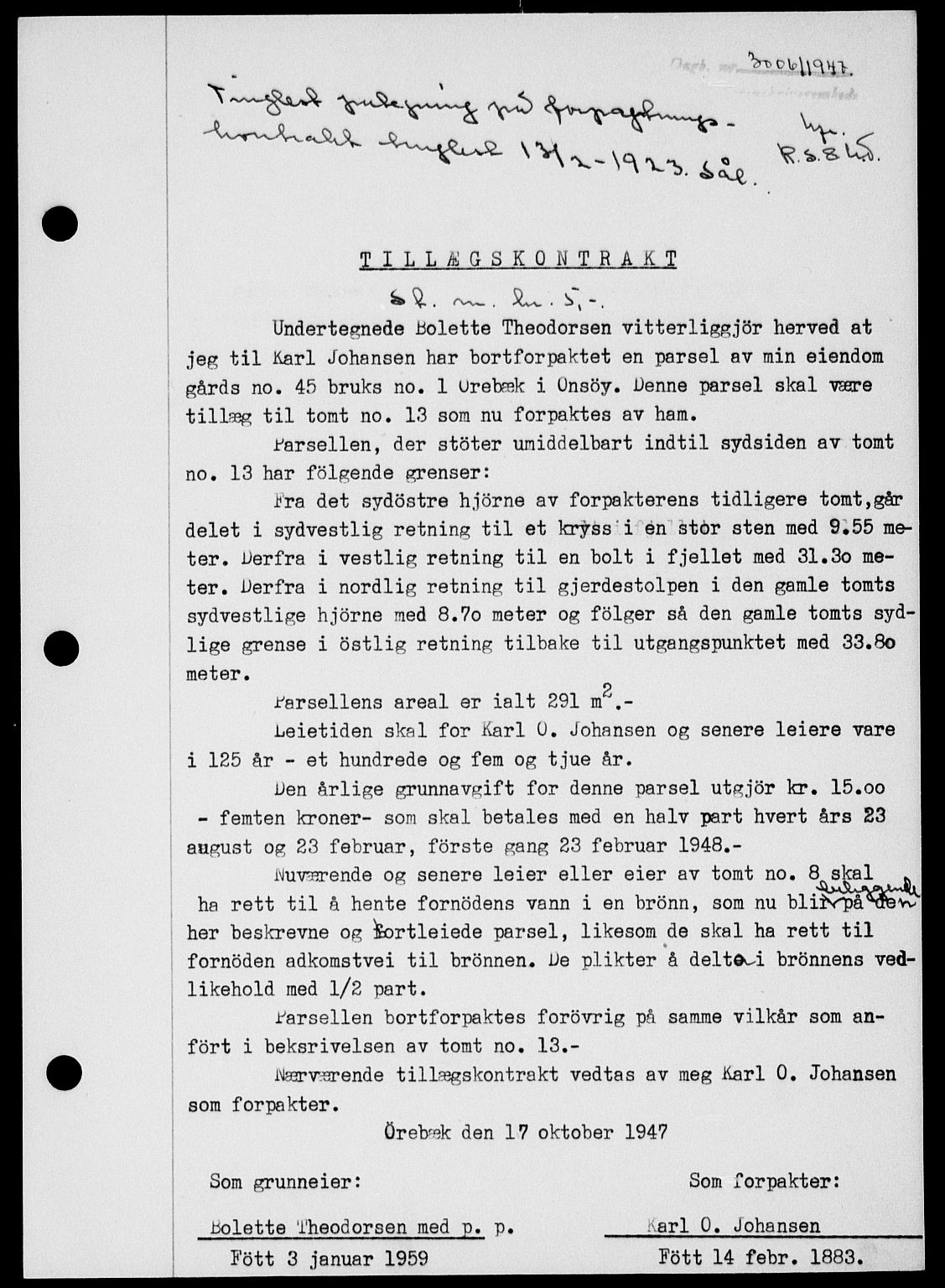 Onsøy sorenskriveri, SAO/A-10474/G/Ga/Gab/L0021: Mortgage book no. II A-21, 1947-1947, Diary no: : 3006/1947
