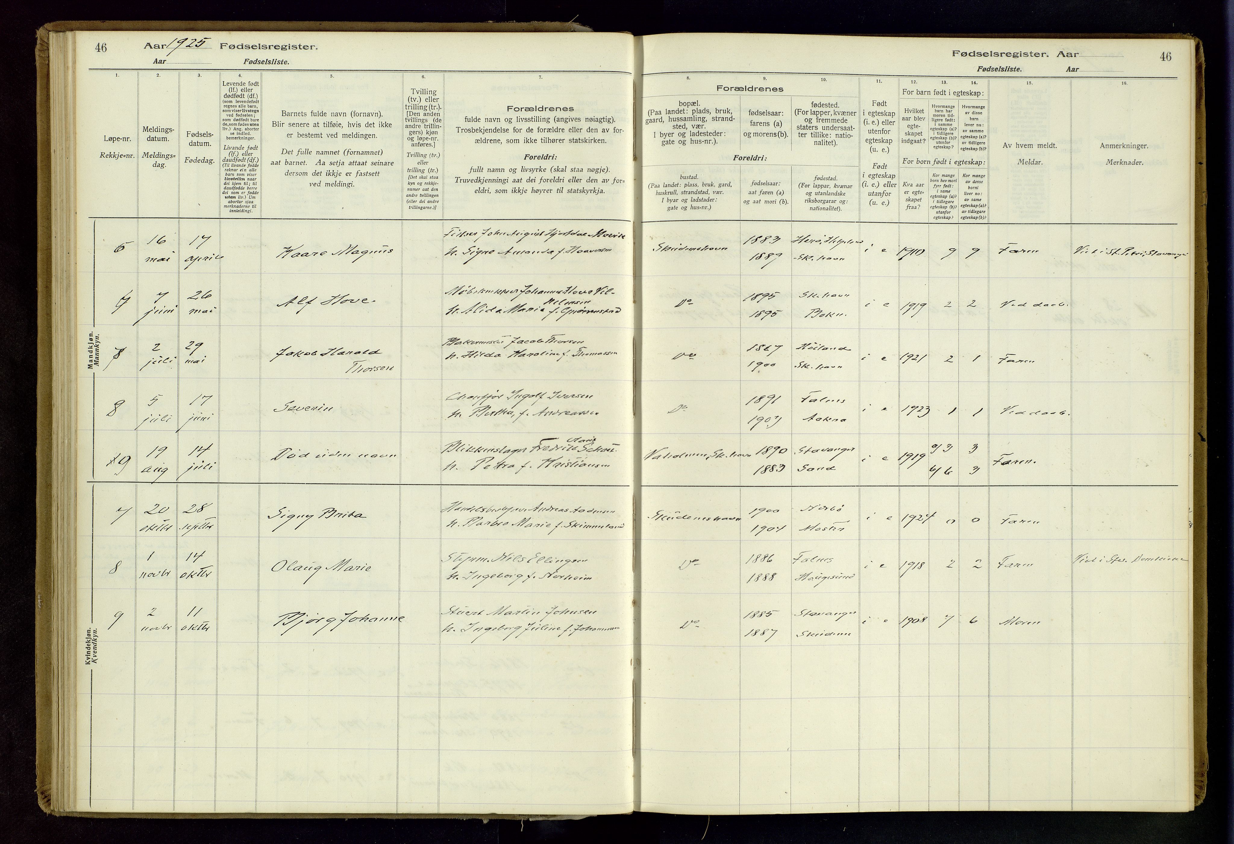 Skudenes sokneprestkontor, SAST/A -101849/I/Id/L0003: Birth register no. 3, 1916-1964, p. 46