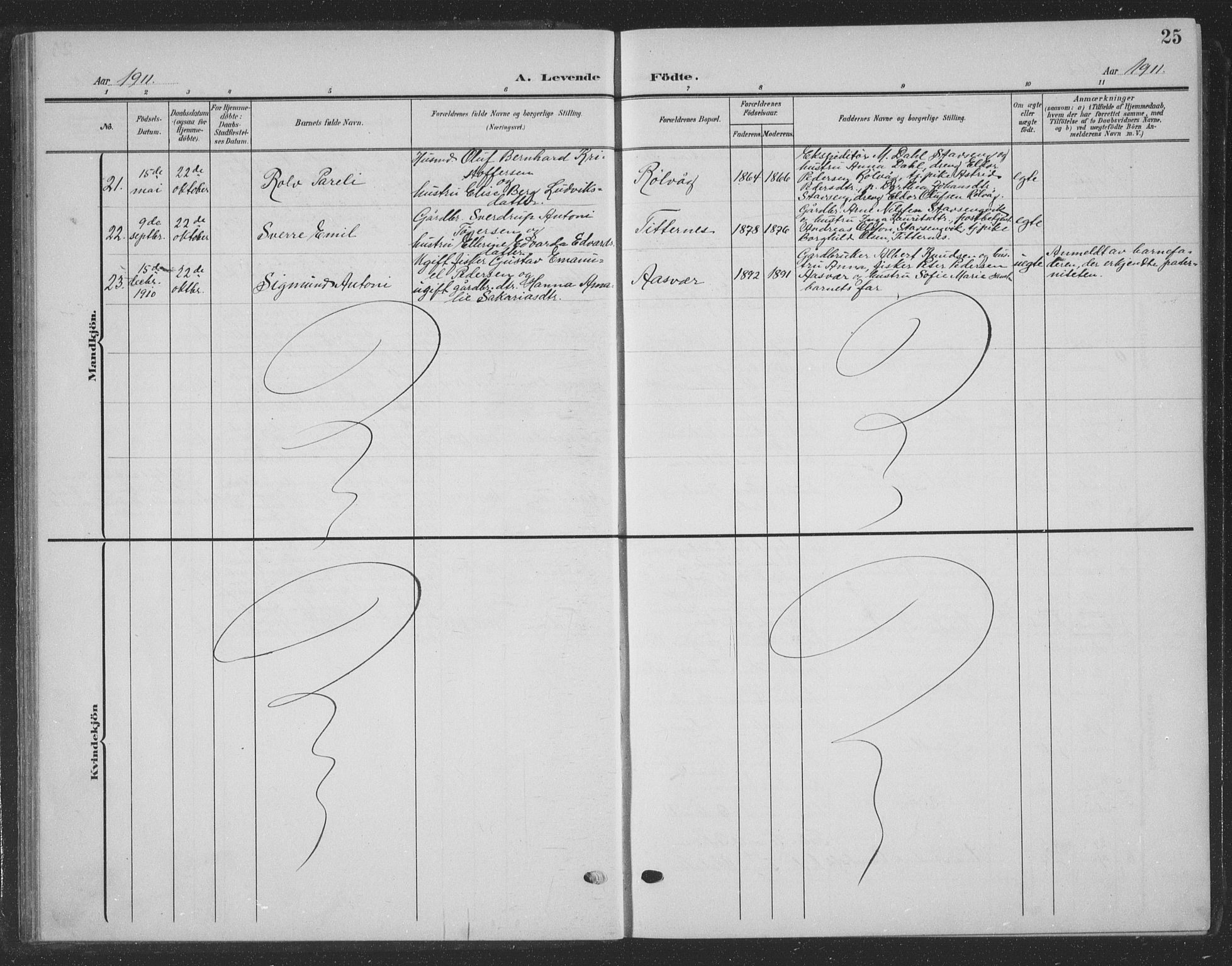Ministerialprotokoller, klokkerbøker og fødselsregistre - Nordland, AV/SAT-A-1459/835/L0533: Parish register (copy) no. 835C05, 1906-1939, p. 25
