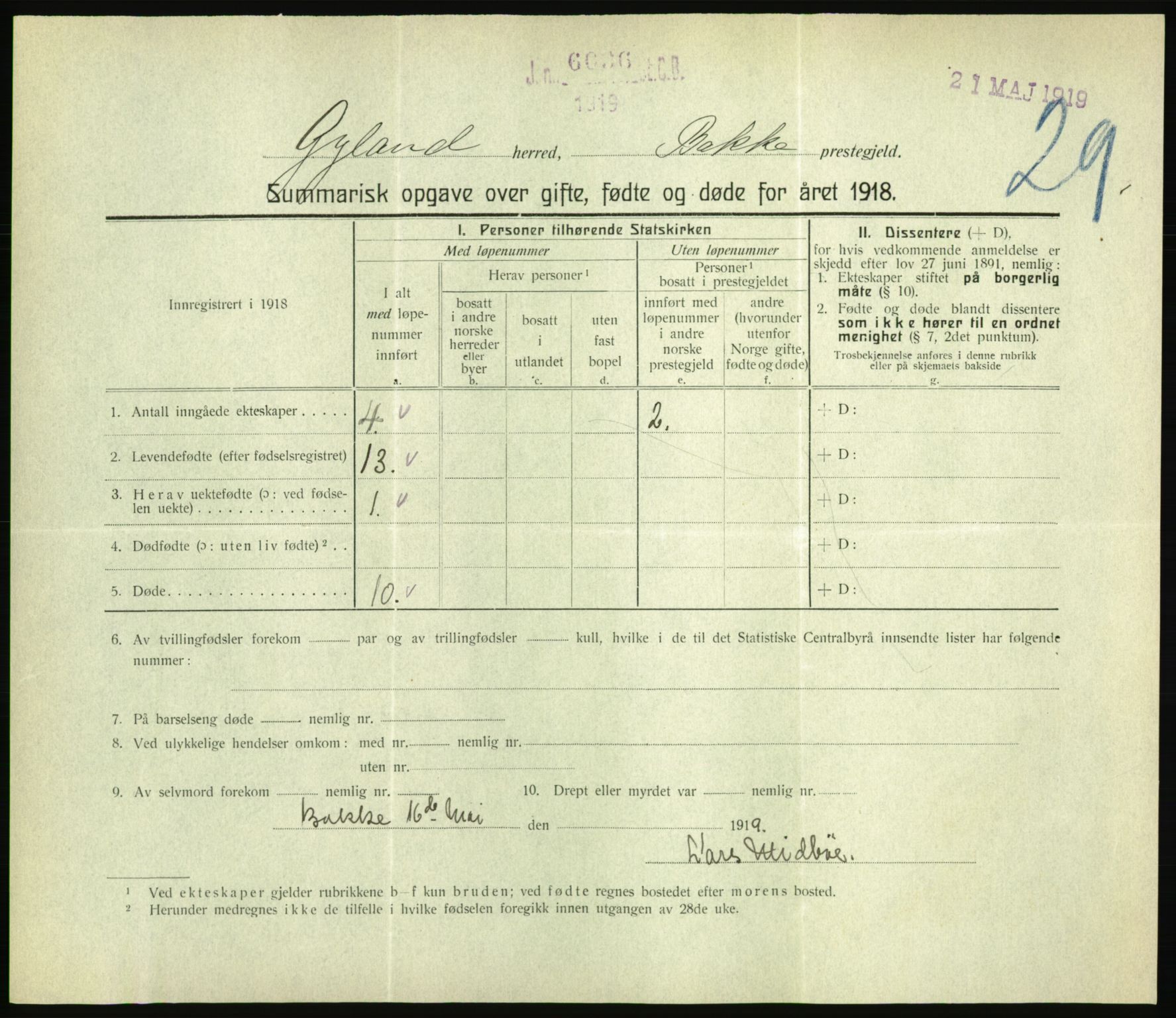 Statistisk sentralbyrå, Sosiodemografiske emner, Befolkning, RA/S-2228/D/Df/Dfb/Dfbh/L0059: Summariske oppgaver over gifte, fødte og døde for hele landet., 1918, p. 753