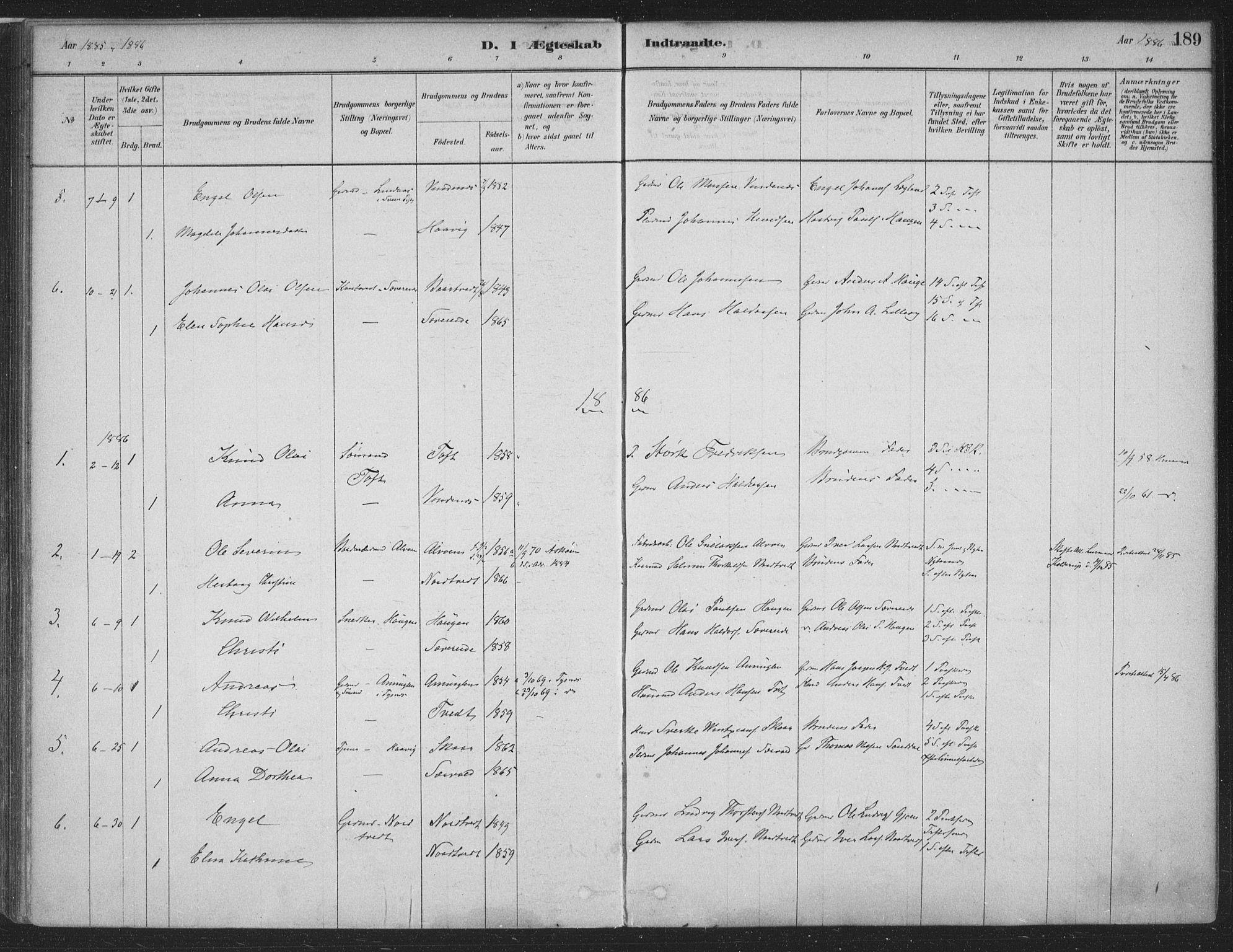 Fusa sokneprestembete, SAB/A-75401/H/Haa: Parish register (official) no. D 1, 1880-1938, p. 189