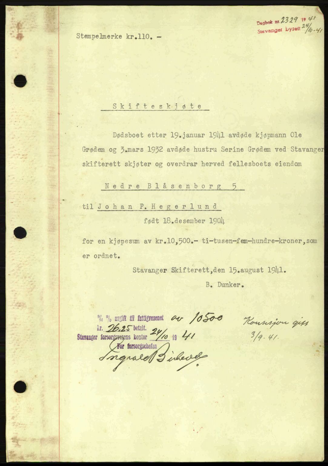 Stavanger byrett, SAST/A-100455/002/G/Gb/L0017: Mortgage book no. A7, 1941-1943, Diary no: : 2329/1941