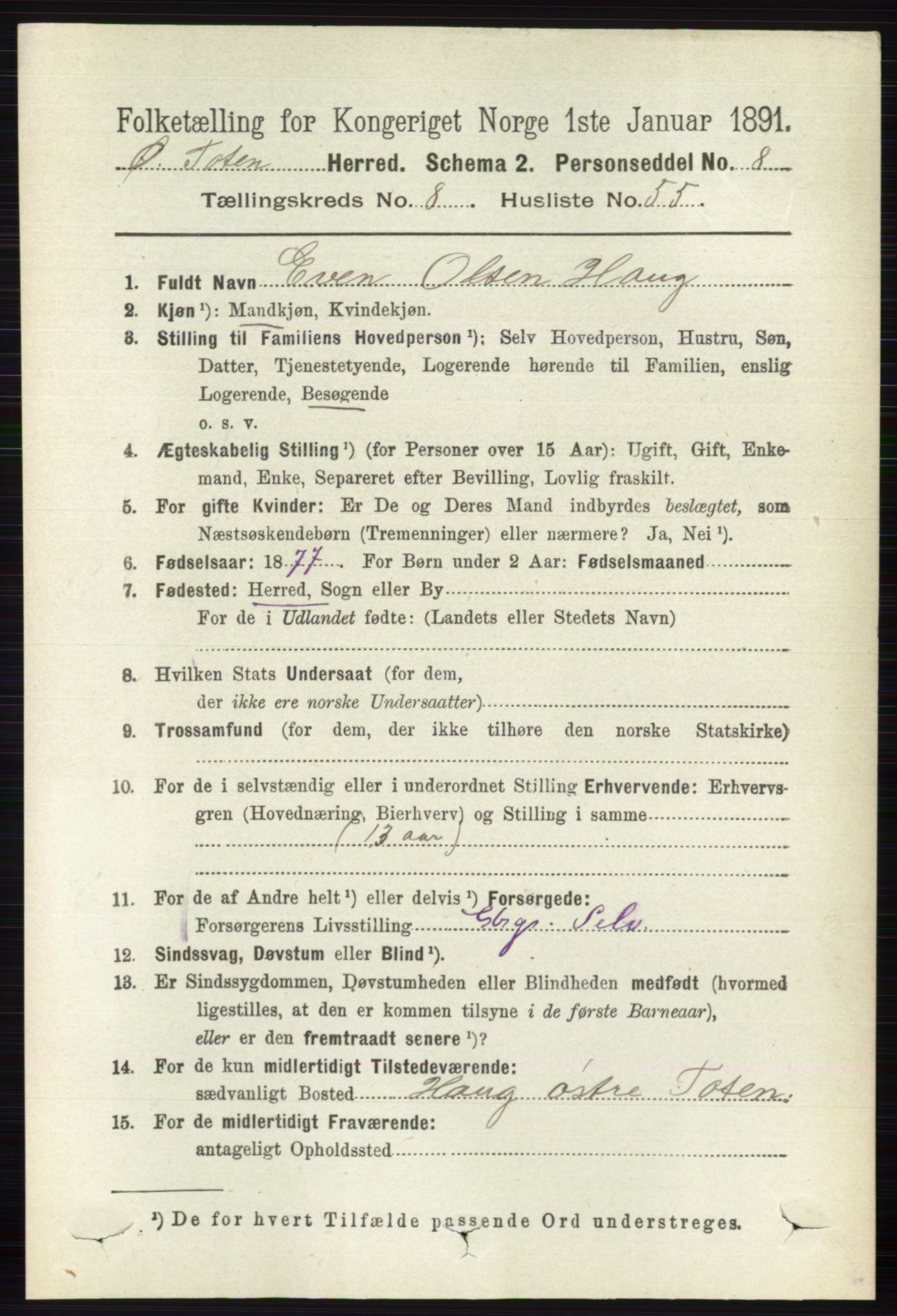 RA, 1891 census for 0528 Østre Toten, 1891, p. 5358