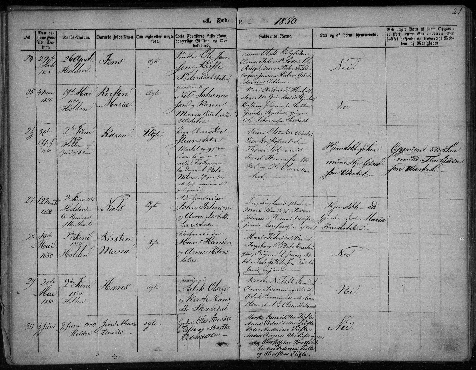 Holla kirkebøker, SAKO/A-272/F/Fa/L0005: Parish register (official) no. 5, 1849-1860, p. 21