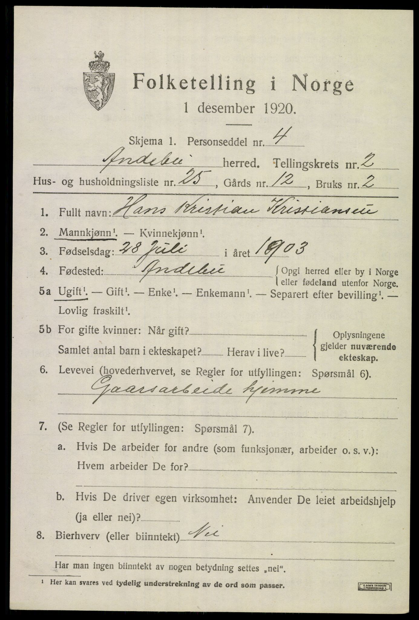 SAKO, 1920 census for Andebu, 1920, p. 1830