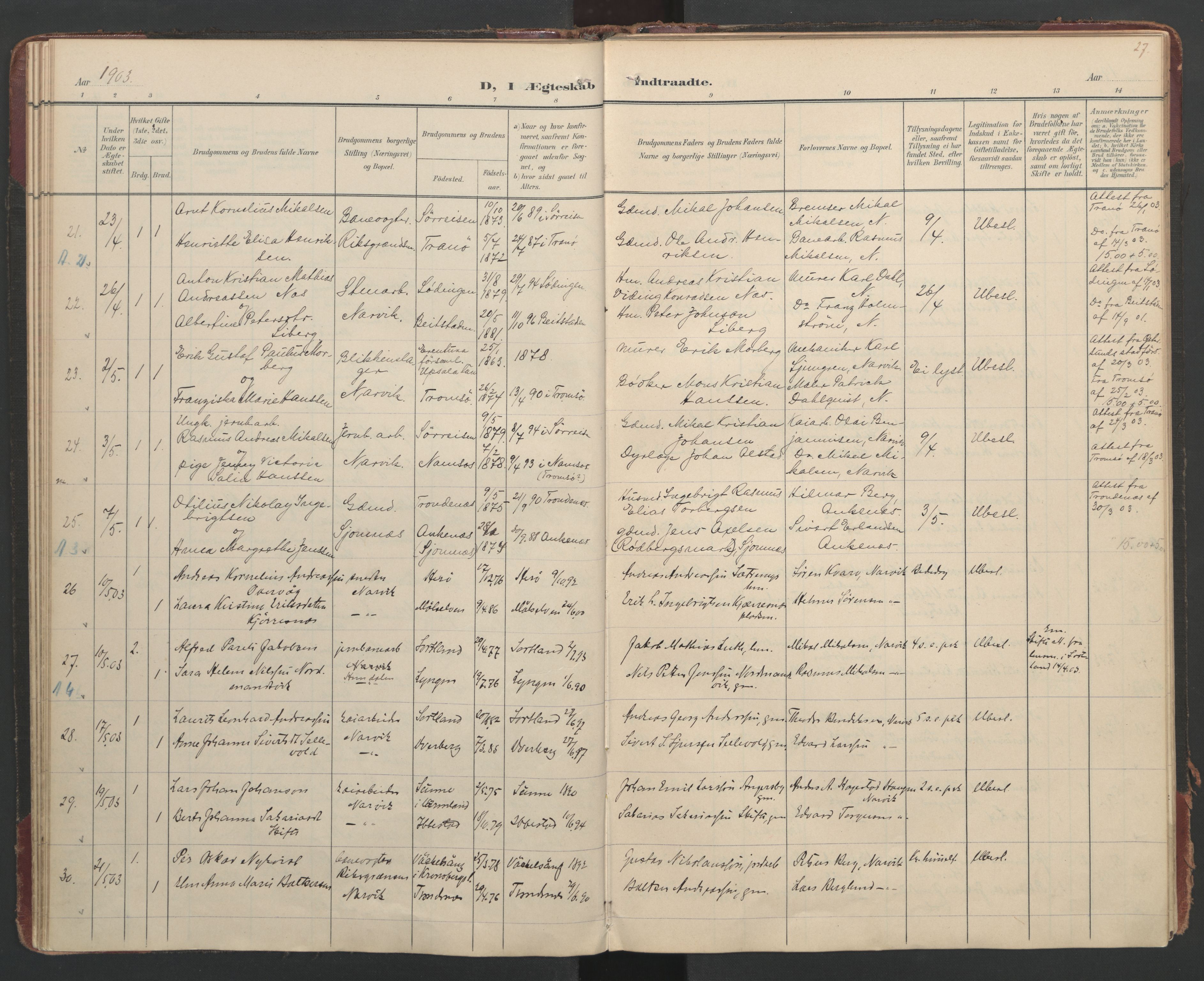 Ministerialprotokoller, klokkerbøker og fødselsregistre - Nordland, AV/SAT-A-1459/866/L0942: Parish register (official) no. 866A05, 1901-1928, p. 27