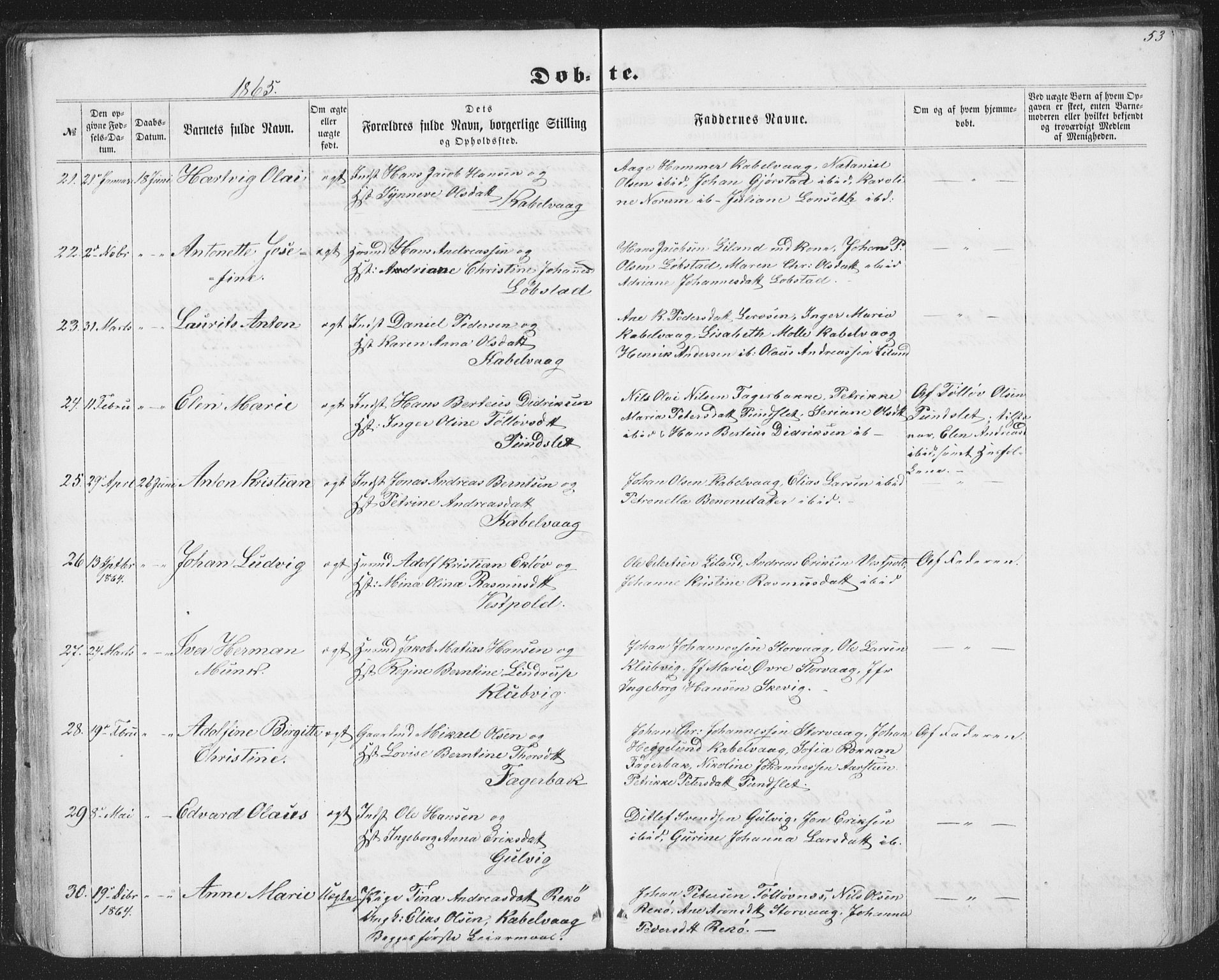 Ministerialprotokoller, klokkerbøker og fødselsregistre - Nordland, AV/SAT-A-1459/874/L1073: Parish register (copy) no. 874C02, 1860-1870, p. 53