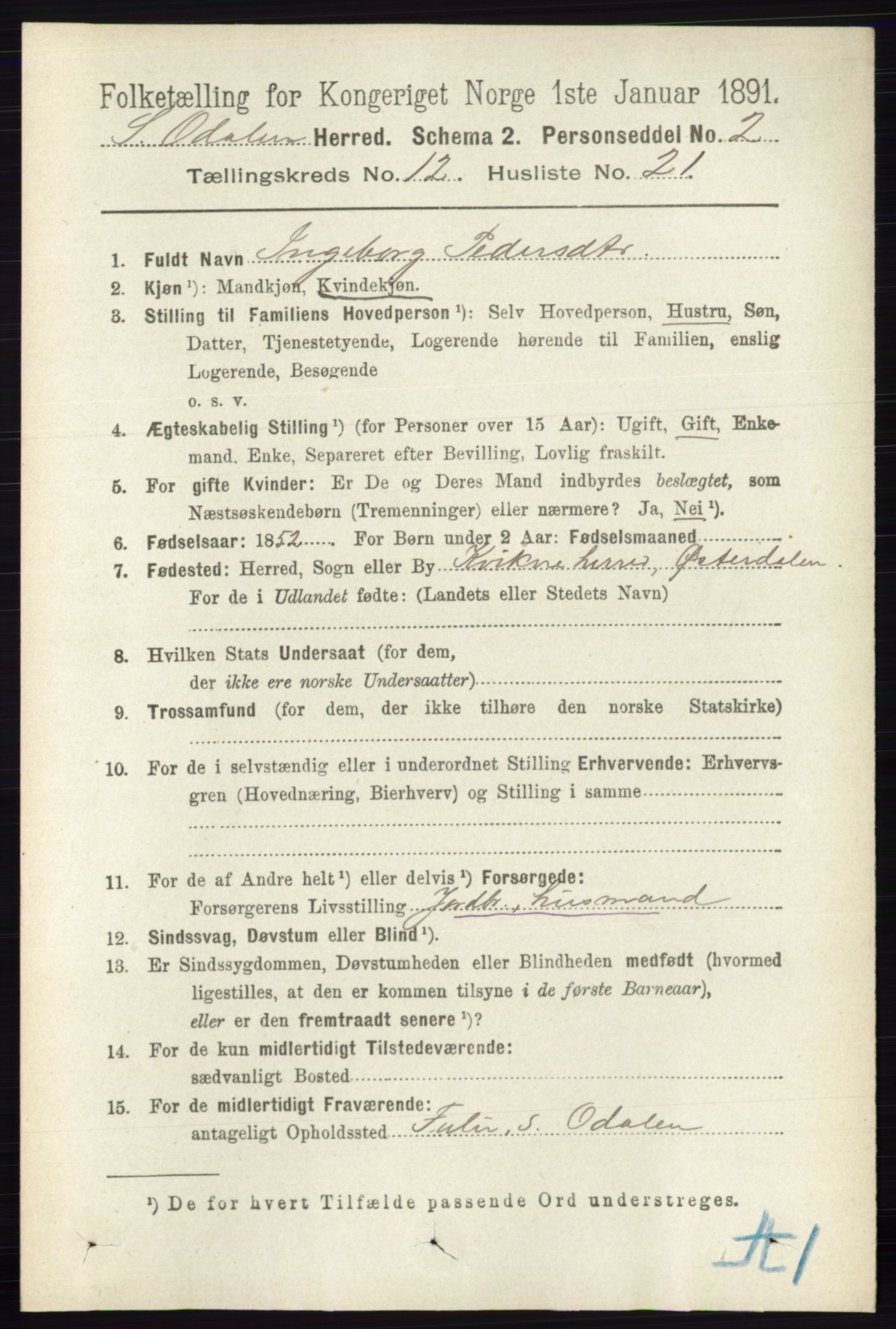 RA, 1891 census for 0419 Sør-Odal, 1891, p. 5481