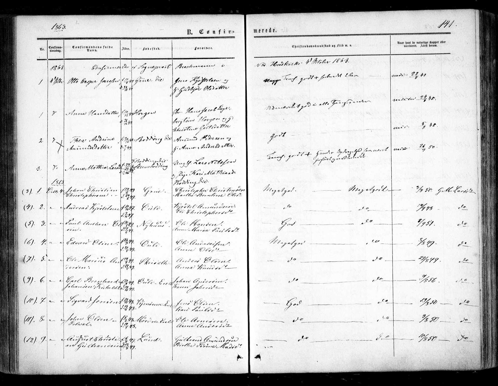 Nes prestekontor Kirkebøker, SAO/A-10410/F/Fc/L0001: Parish register (official) no. III 1, 1859-1882, p. 141