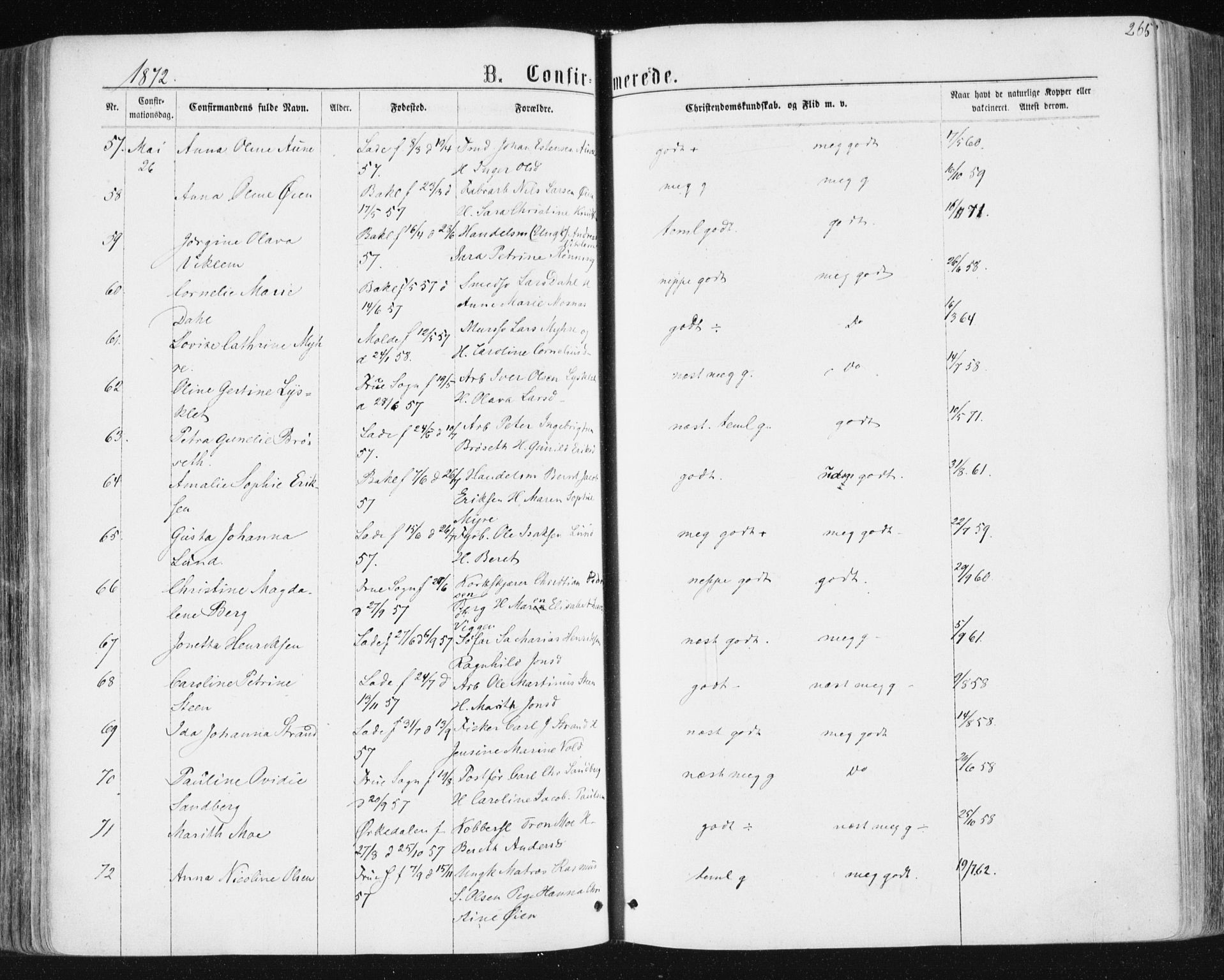 Ministerialprotokoller, klokkerbøker og fødselsregistre - Sør-Trøndelag, AV/SAT-A-1456/604/L0186: Parish register (official) no. 604A07, 1866-1877, p. 265