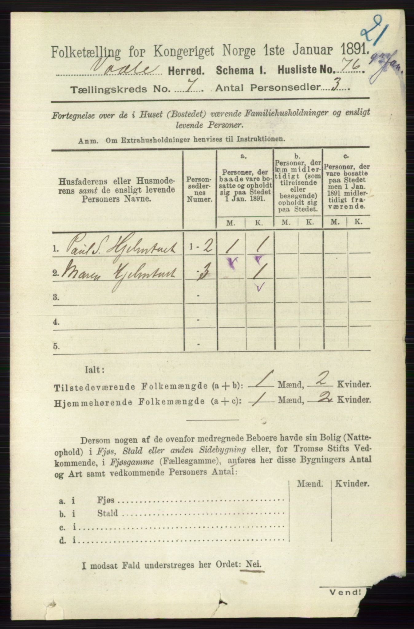 RA, 1891 census for 0716 Våle, 1891, p. 2381