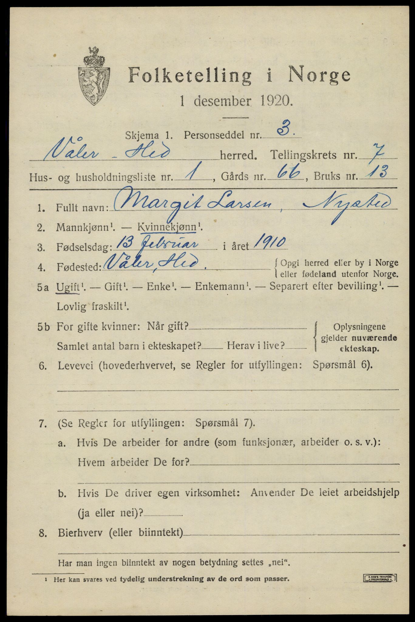 SAH, 1920 census for Våler (Hedmark), 1920, p. 7561