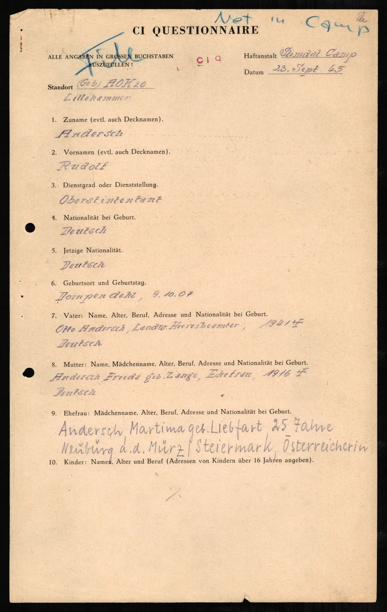 Forsvaret, Forsvarets overkommando II, RA/RAFA-3915/D/Db/L0001: CI Questionaires. Tyske okkupasjonsstyrker i Norge. Tyskere., 1945-1946, p. 239