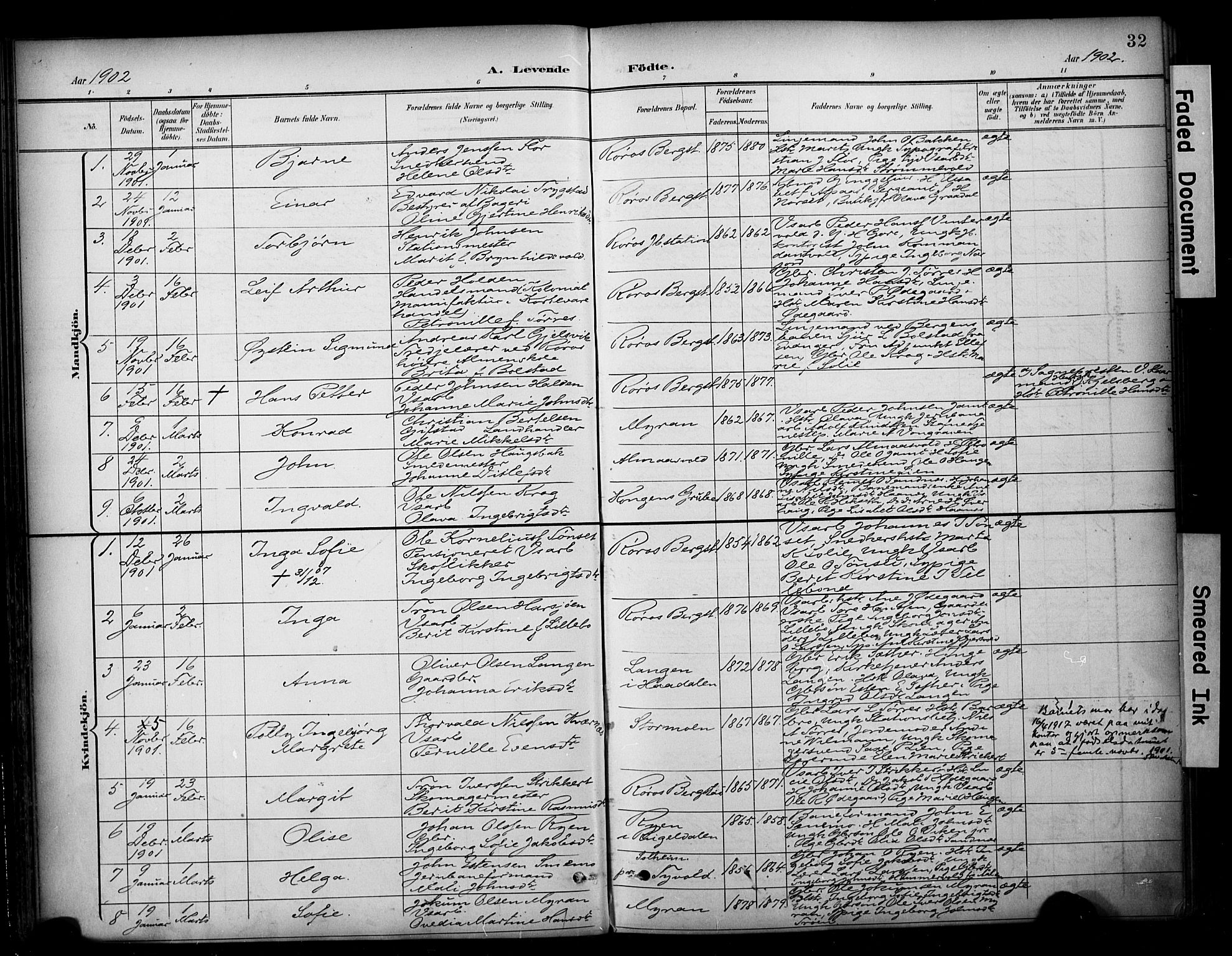 Ministerialprotokoller, klokkerbøker og fødselsregistre - Sør-Trøndelag, SAT/A-1456/681/L0936: Parish register (official) no. 681A14, 1899-1908, p. 32