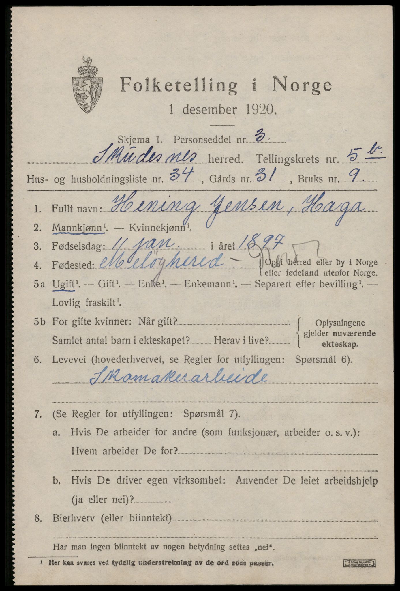 SAST, 1920 census for Skudenes, 1920, p. 4876