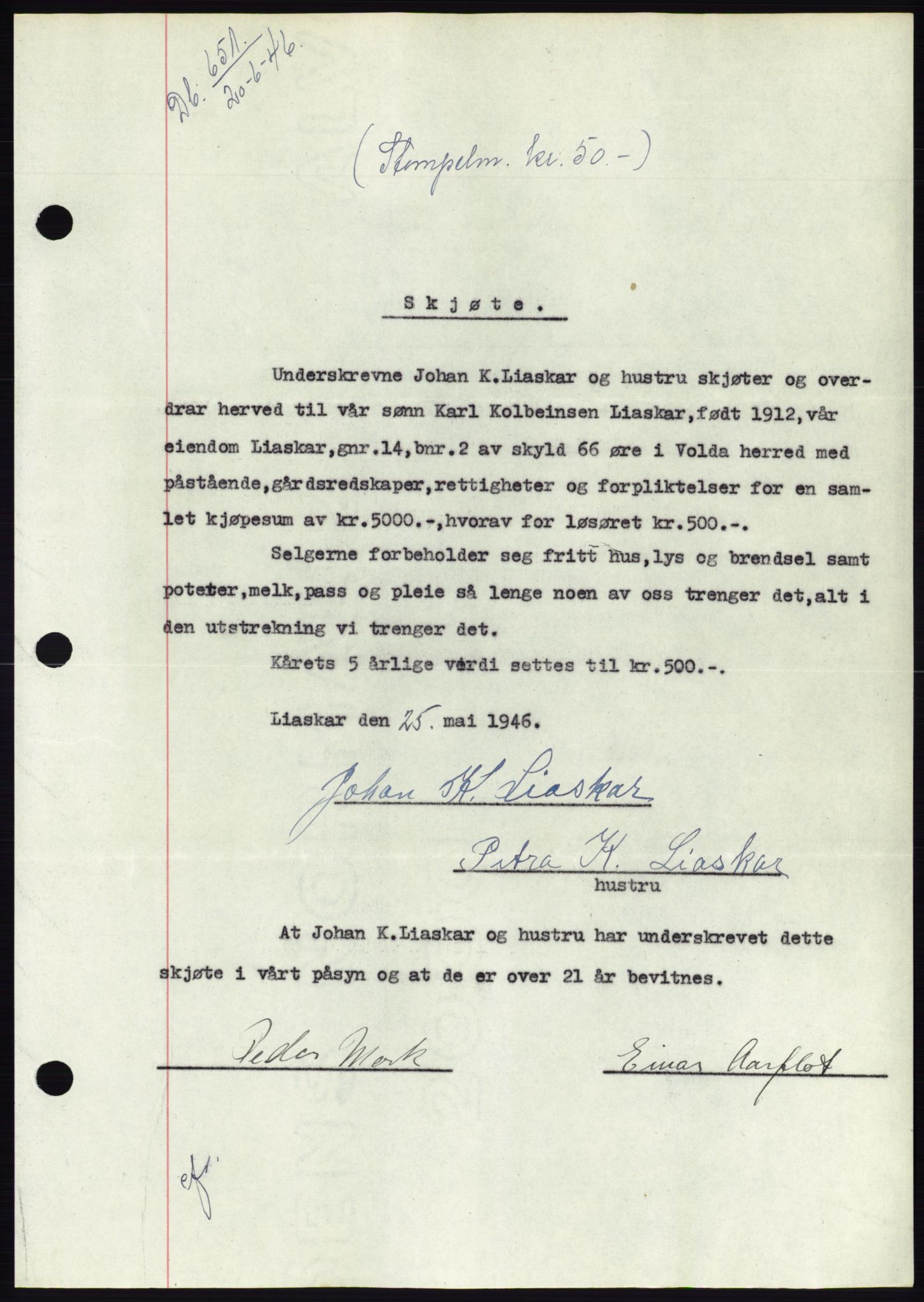 Søre Sunnmøre sorenskriveri, AV/SAT-A-4122/1/2/2C/L0078: Mortgage book no. 4A, 1946-1946, Diary no: : 651/1946