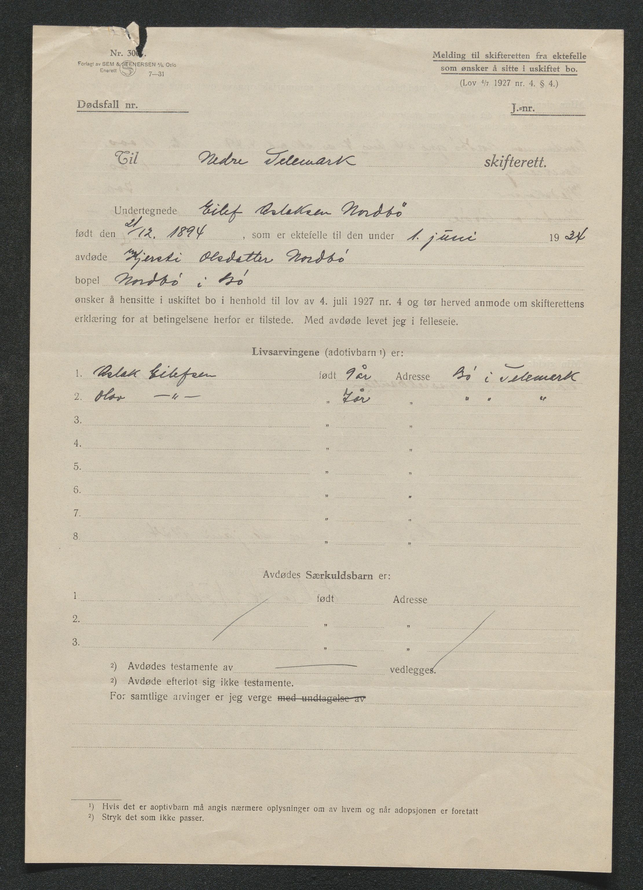 Nedre Telemark sorenskriveri, AV/SAKO-A-135/H/Ha/Hab/L0008: Dødsfallsfortegnelser
, 1931-1935, p. 1095