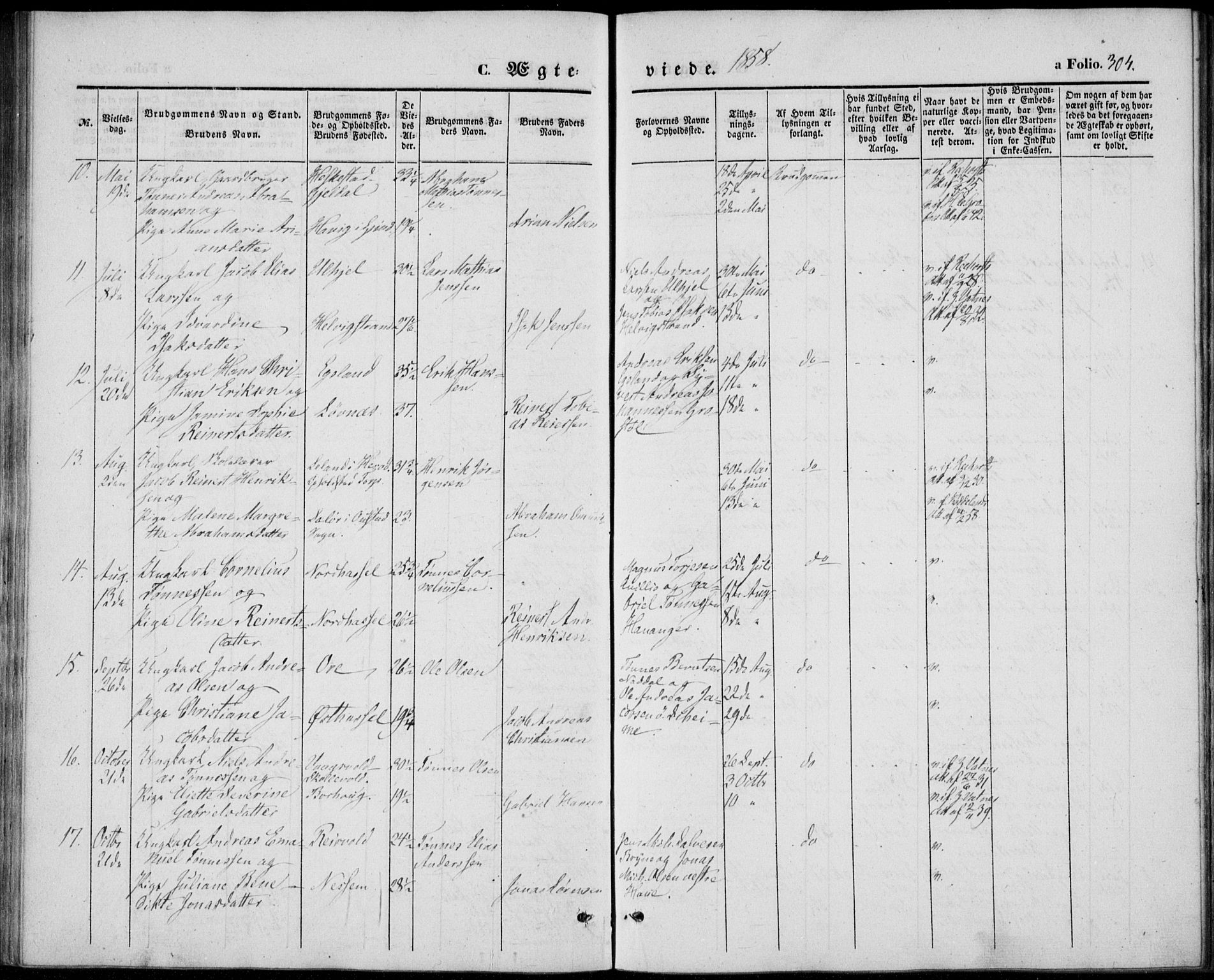 Lista sokneprestkontor, AV/SAK-1111-0027/F/Fb/L0002: Parish register (copy) no. B 2, 1847-1862, p. 304