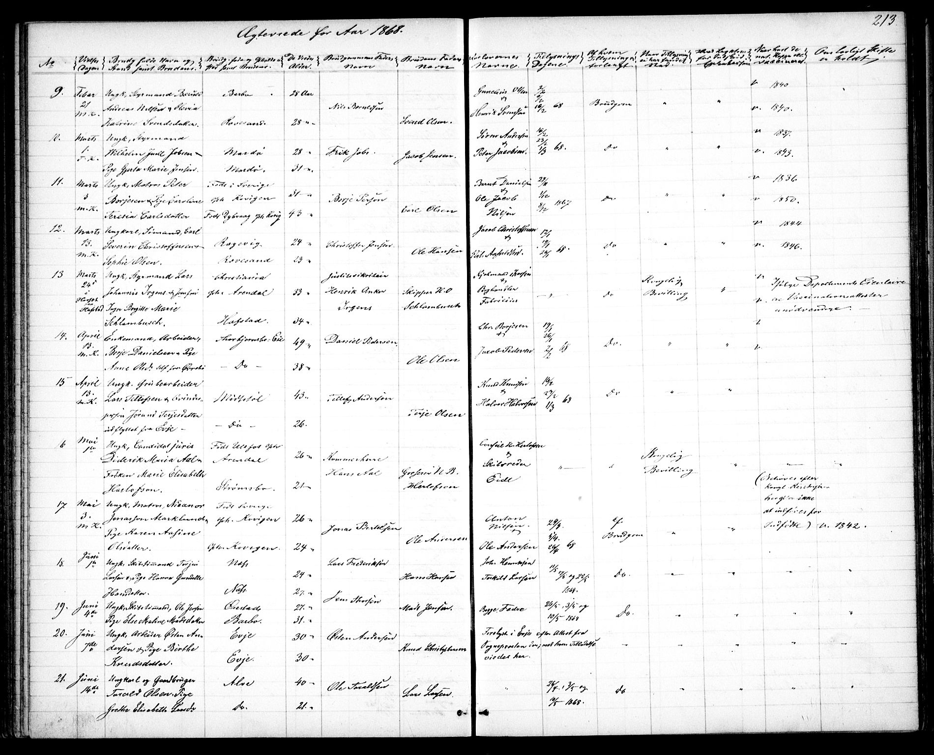 Tromøy sokneprestkontor, AV/SAK-1111-0041/F/Fb/L0003: Parish register (copy) no. B 3, 1859-1868, p. 213