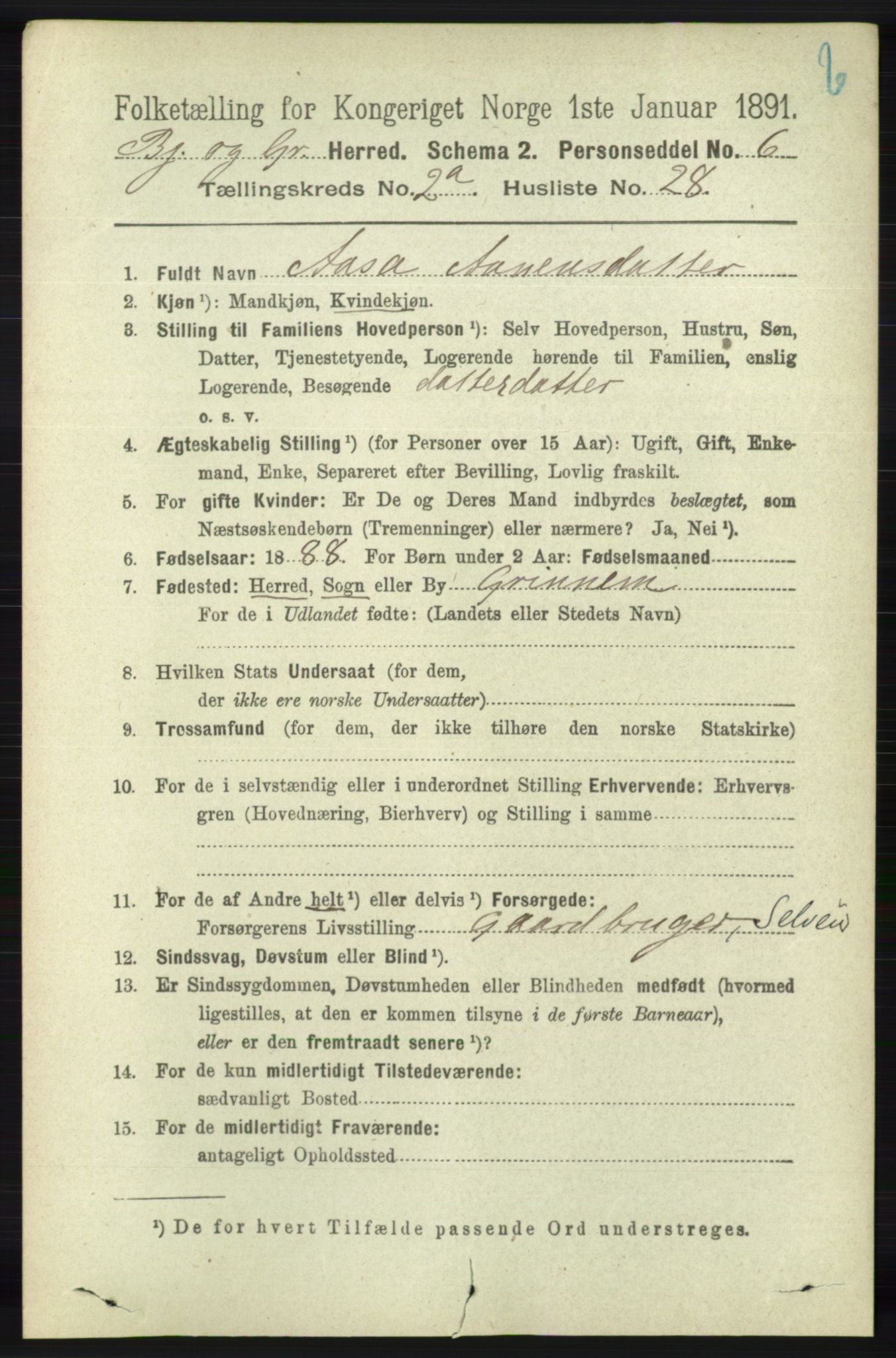 RA, 1891 census for 1024 Bjelland og Grindheim, 1891, p. 480