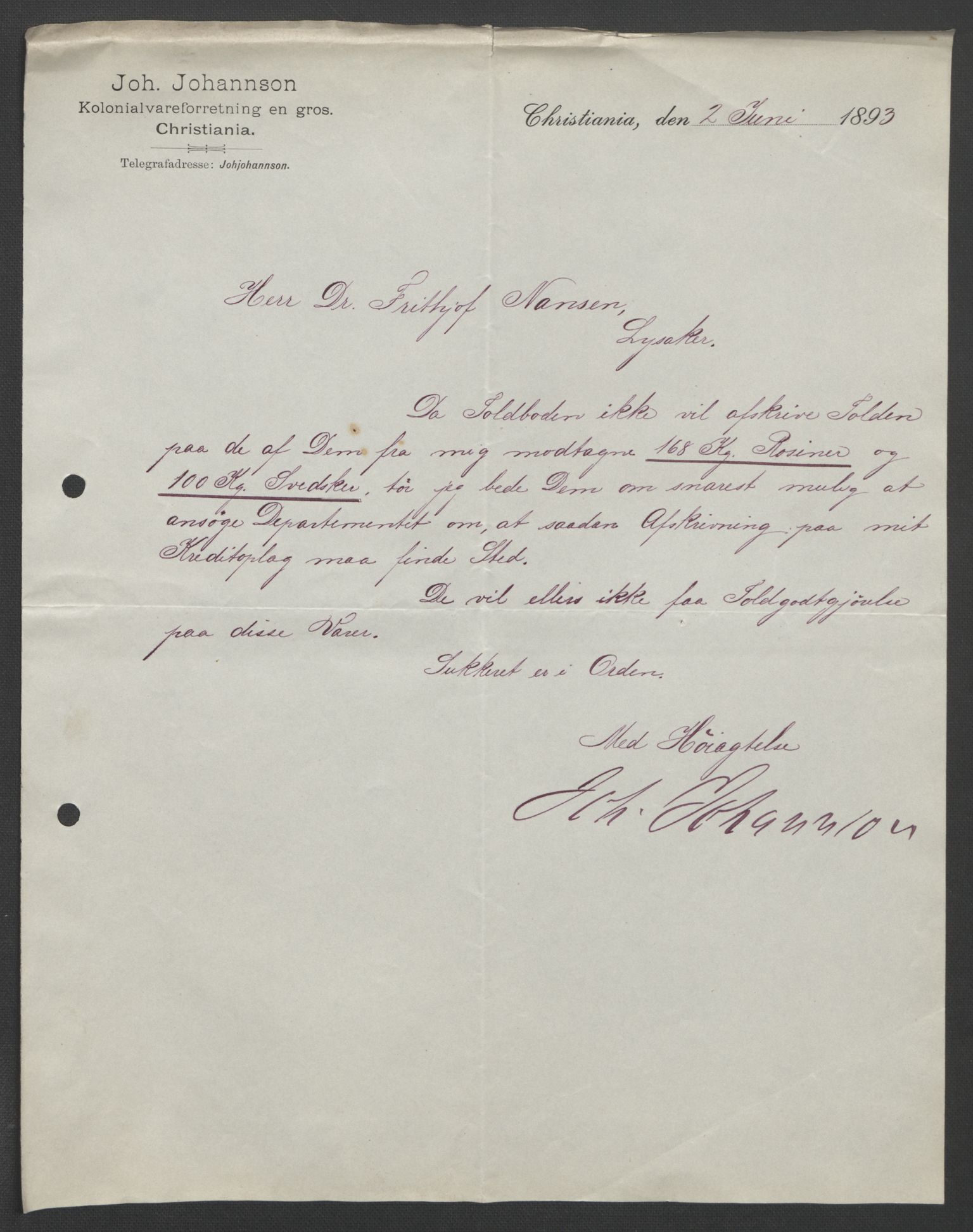 Arbeidskomitéen for Fridtjof Nansens polarekspedisjon, AV/RA-PA-0061/D/L0004: Innk. brev og telegrammer vedr. proviant og utrustning, 1892-1893, p. 717