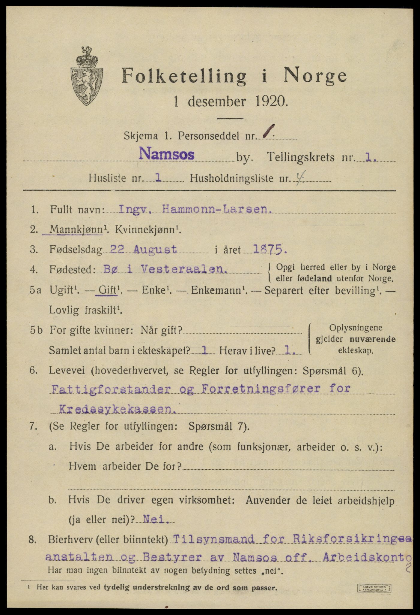 SAT, 1920 census for Namsos, 1920, p. 2035
