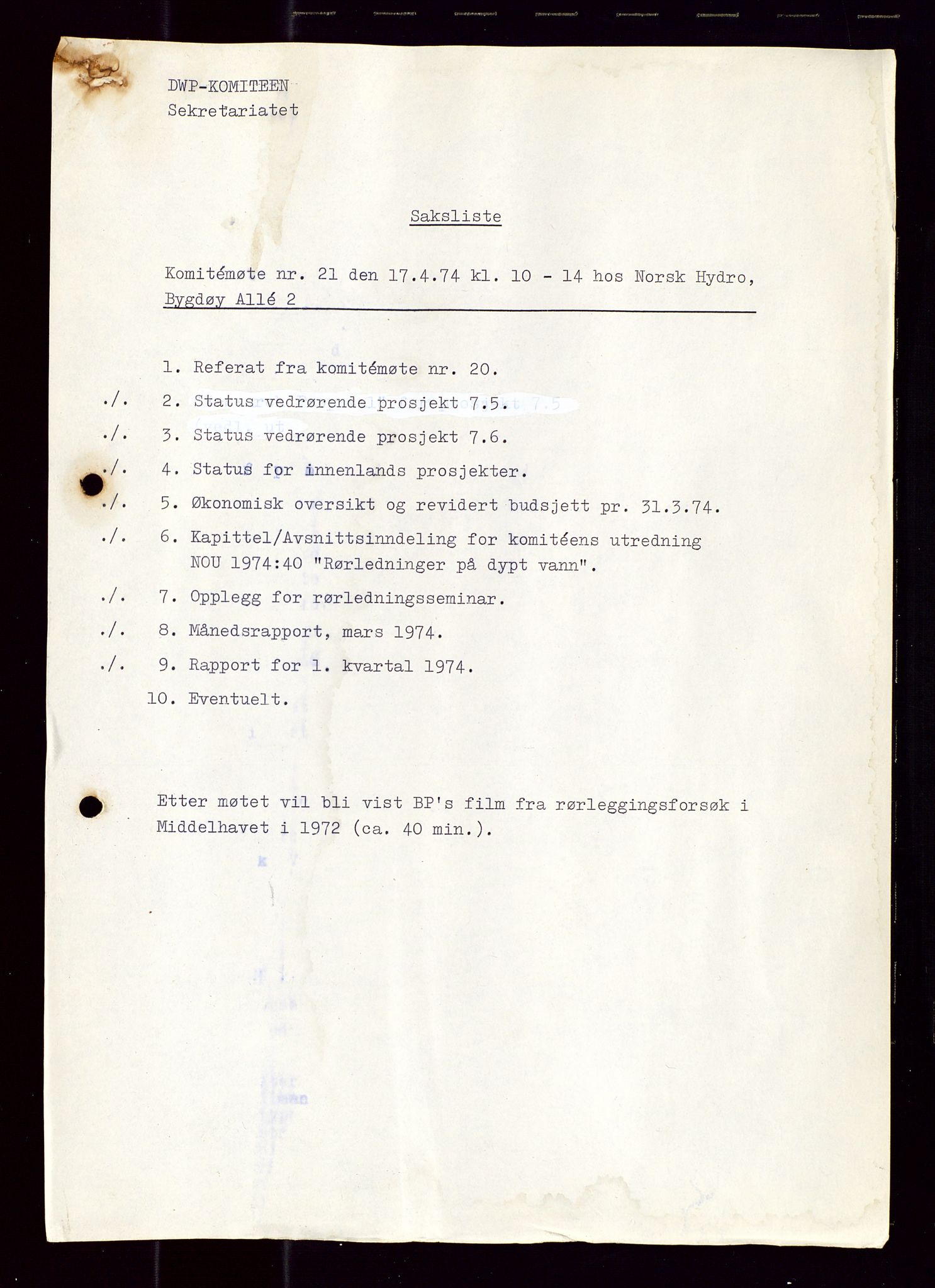 Industridepartementet, Oljekontoret, AV/SAST-A-101348/Di/L0001: DWP, møter juni - november, komiteemøter nr. 19 - 26, 1973-1974, p. 129