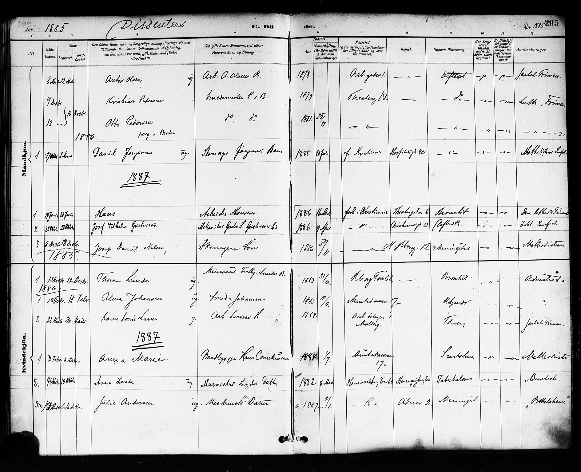 Trefoldighet prestekontor Kirkebøker, SAO/A-10882/F/Fd/L0003: Parish register (official) no. IV 3, 1885-1896, p. 295