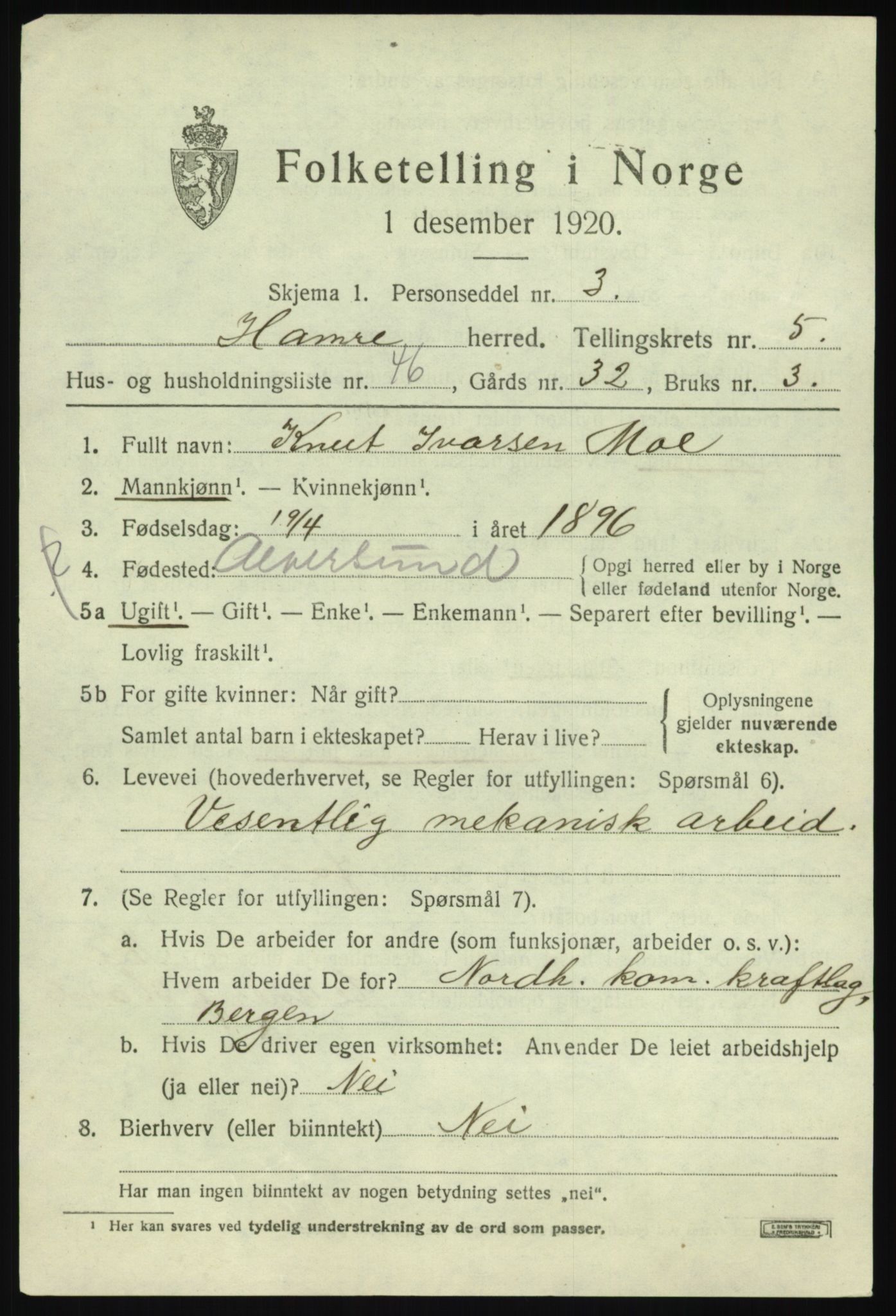 SAB, 1920 census for Hamre, 1920, p. 3435