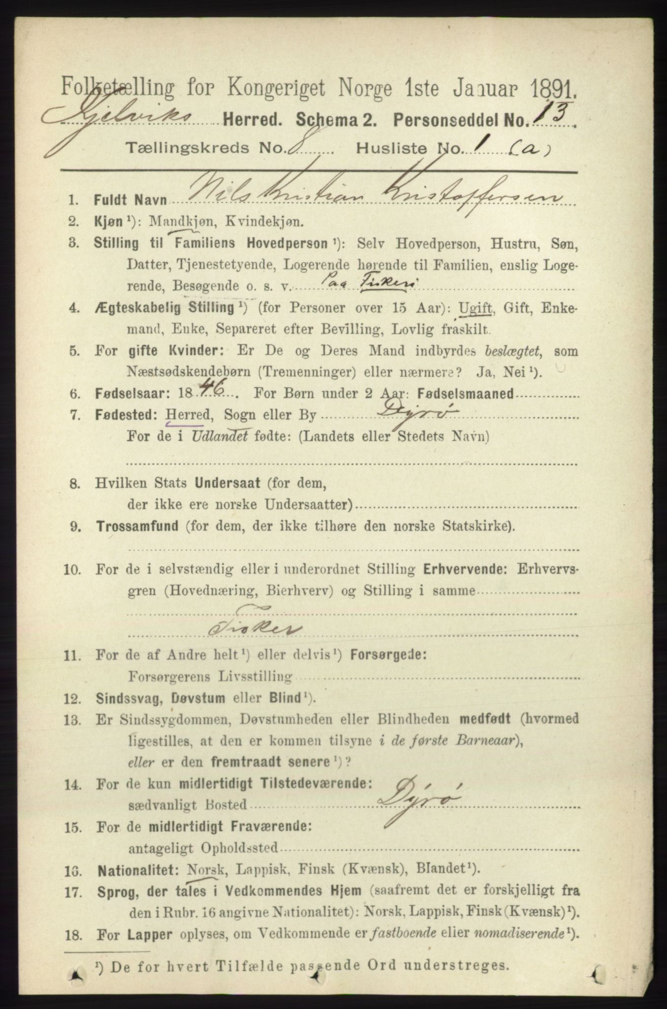 RA, 1891 census for 2019 Kjelvik, 1891, p. 1187