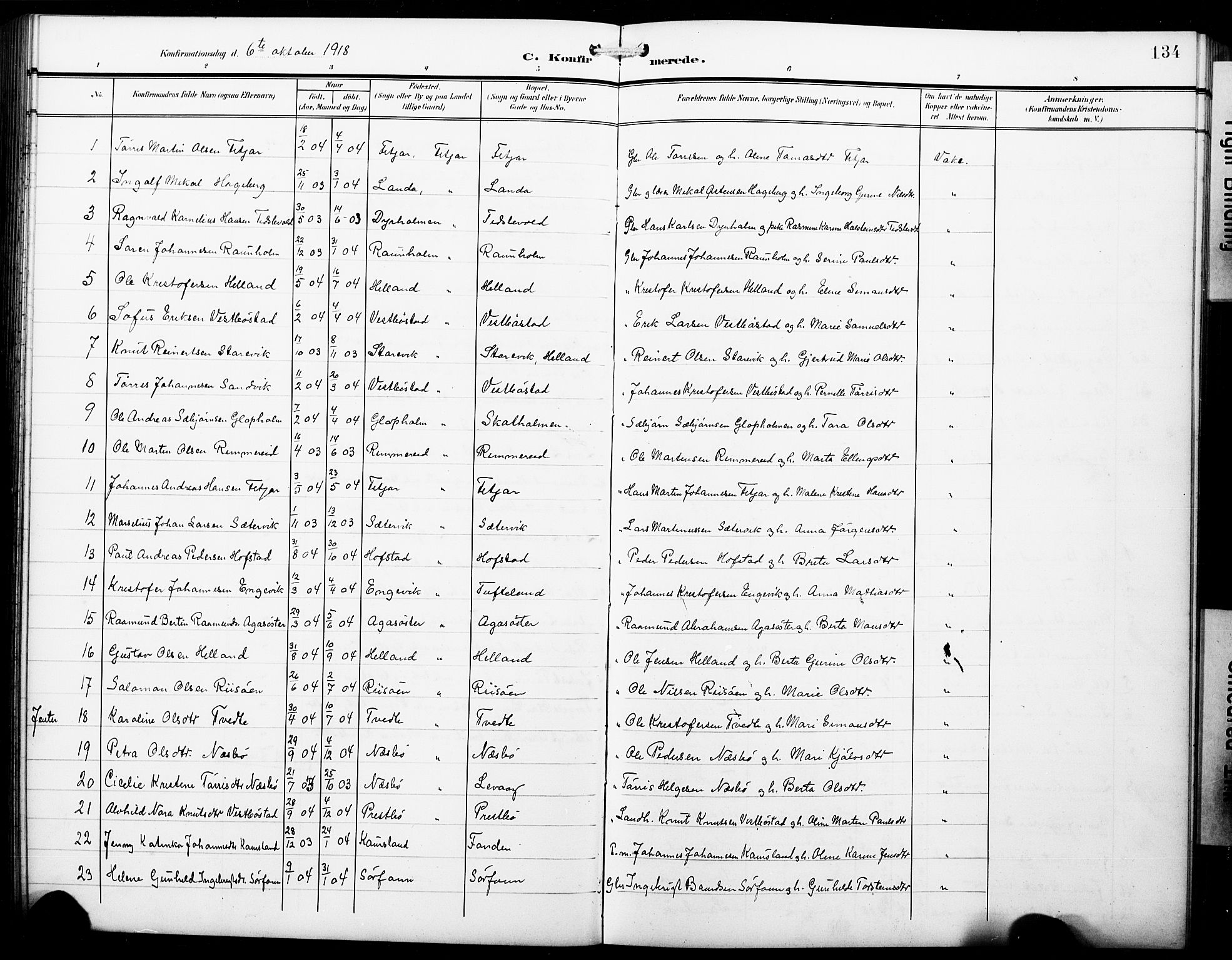 Fitjar sokneprestembete, AV/SAB-A-99926: Parish register (copy) no. B 1, 1906-1928, p. 134