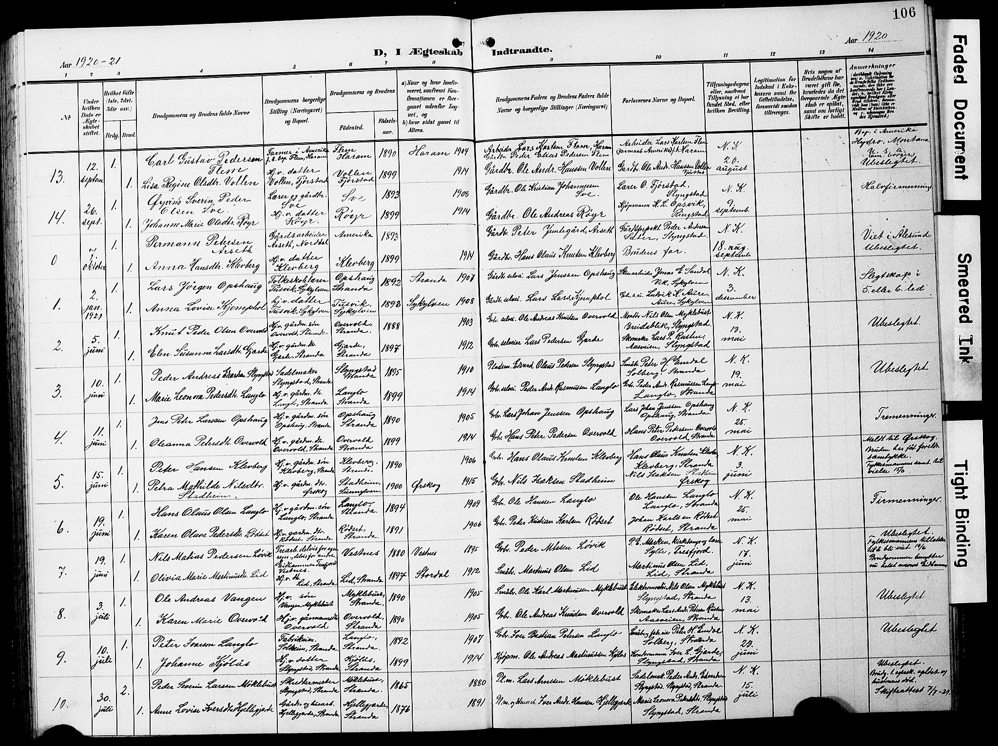 Ministerialprotokoller, klokkerbøker og fødselsregistre - Møre og Romsdal, SAT/A-1454/520/L0293: Parish register (copy) no. 520C05, 1902-1923, p. 106