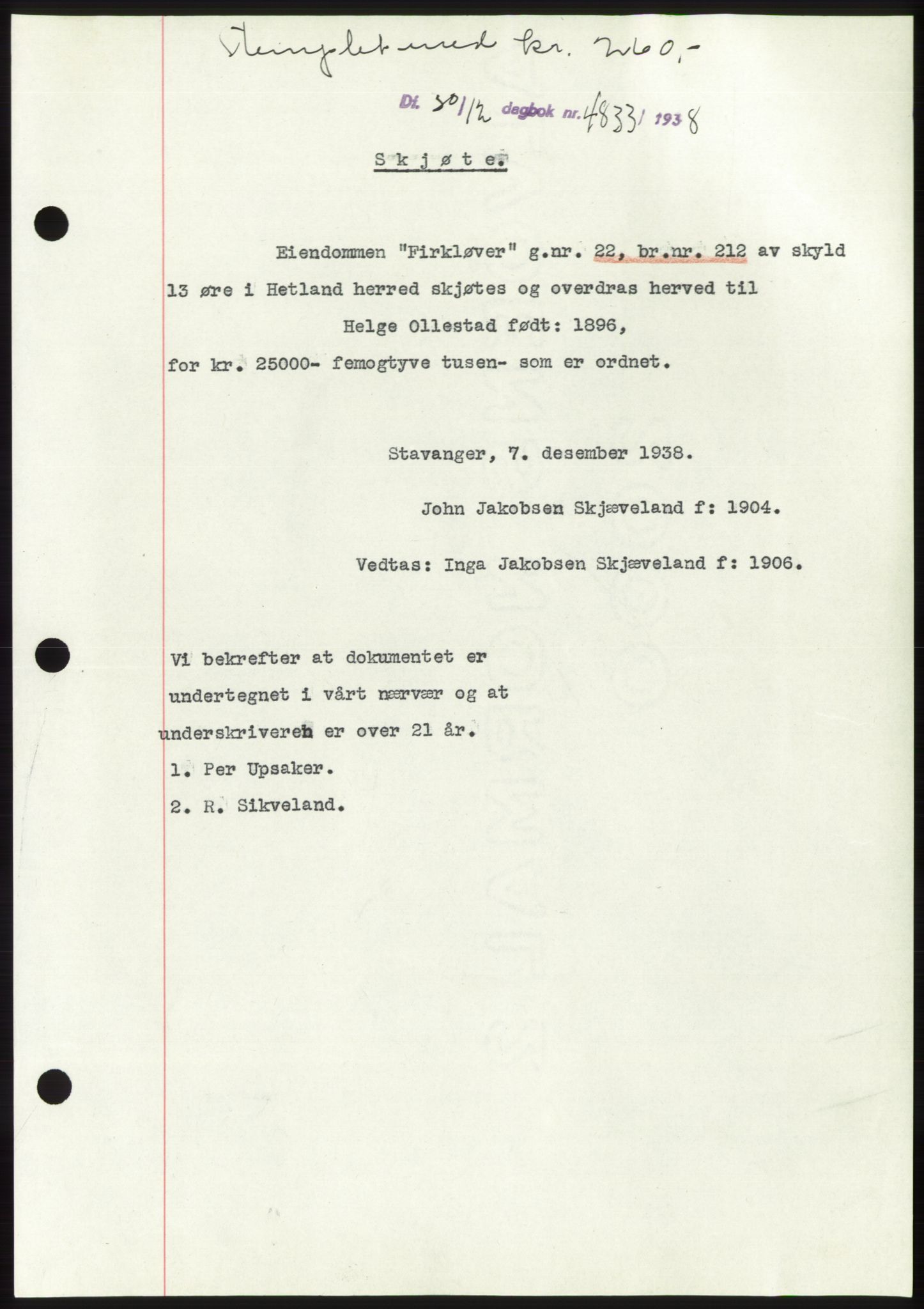 Jæren sorenskriveri, SAST/A-100310/03/G/Gba/L0072: Mortgage book, 1938-1938, Diary no: : 4833/1938