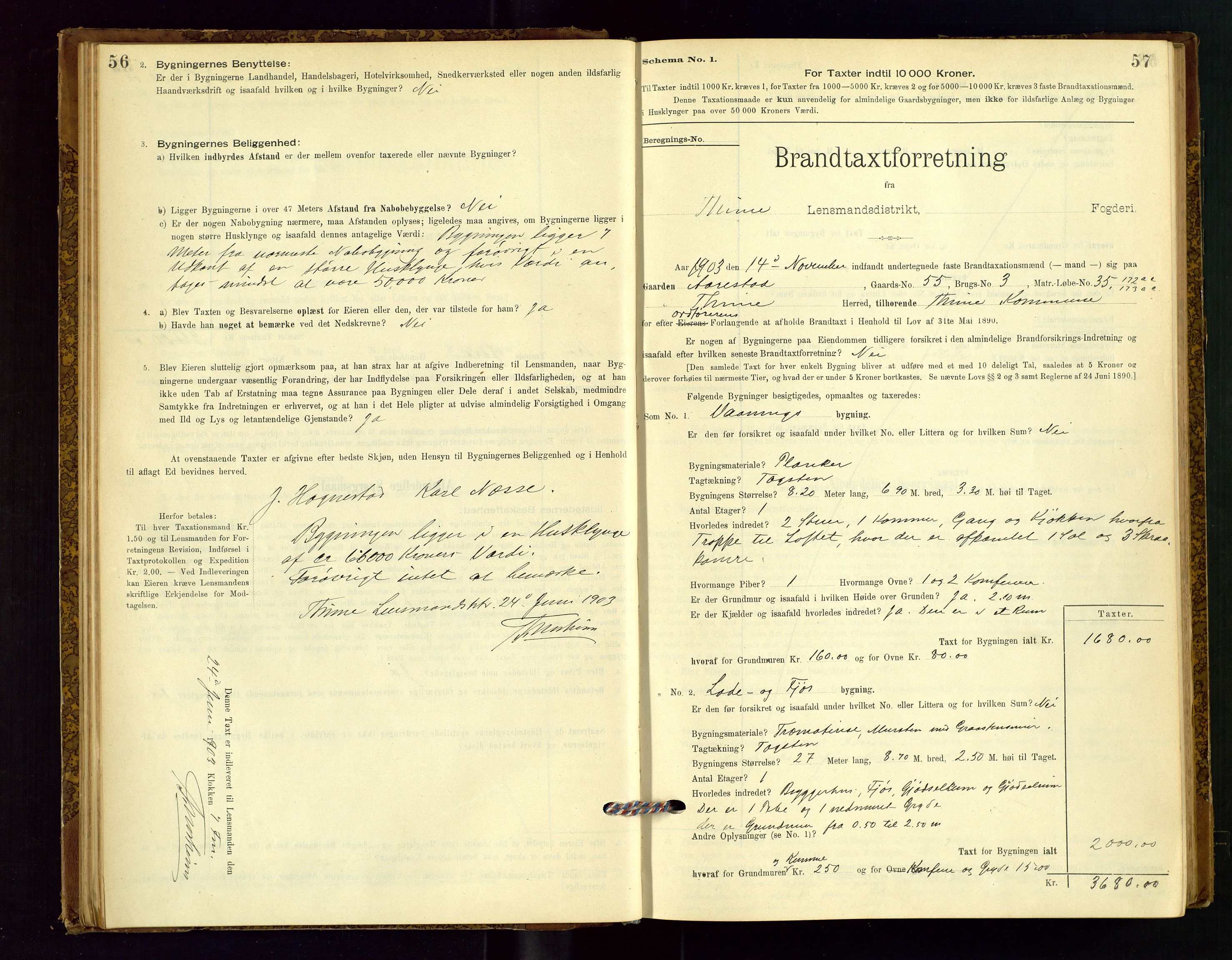 Time lensmannskontor, SAST/A-100420/Gob/L0001: Branntakstprotokoll, 1896-1914, p. 56-57