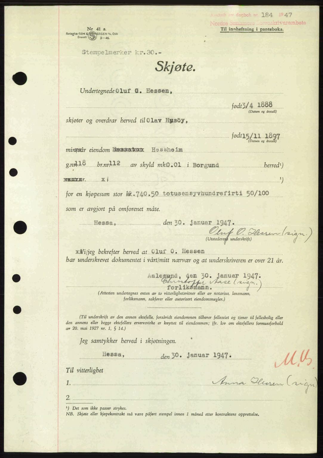 Nordre Sunnmøre sorenskriveri, AV/SAT-A-0006/1/2/2C/2Ca: Mortgage book no. A23, 1946-1947, Diary no: : 184/1947